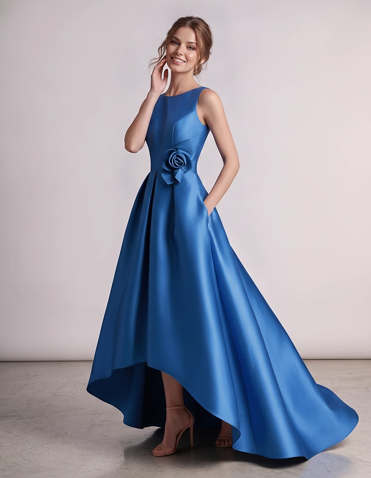 Satin Sleeveless Crew Neck A-Line High-Low Maxi Dress with Pockets for Wedding Guest, Party, Cocktail, Evening & Formal Event
