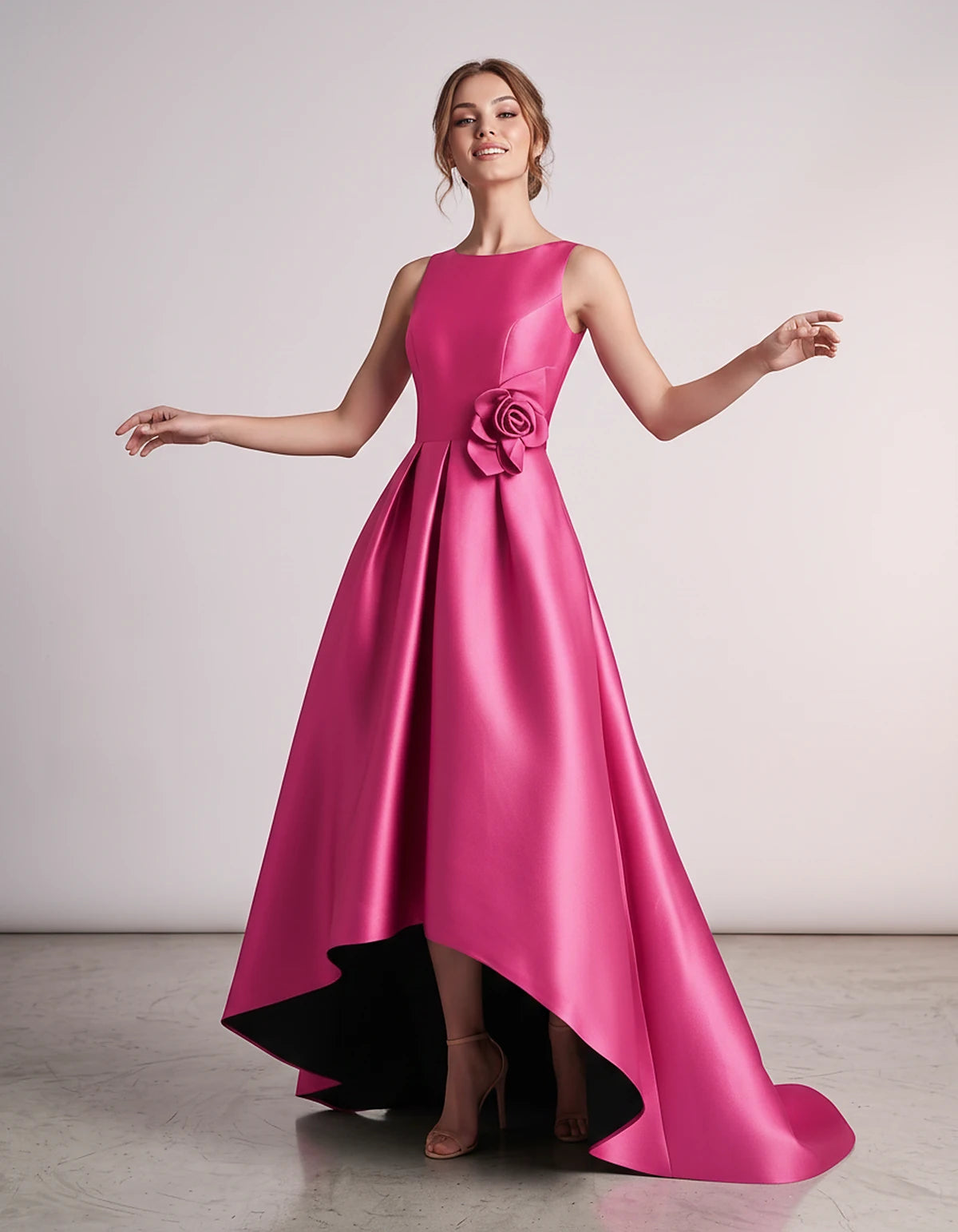 Satin Sleeveless Crew Neck A-Line High-Low Maxi Dress with Pockets for Wedding Guest, Party, Cocktail, Evening & Formal Event