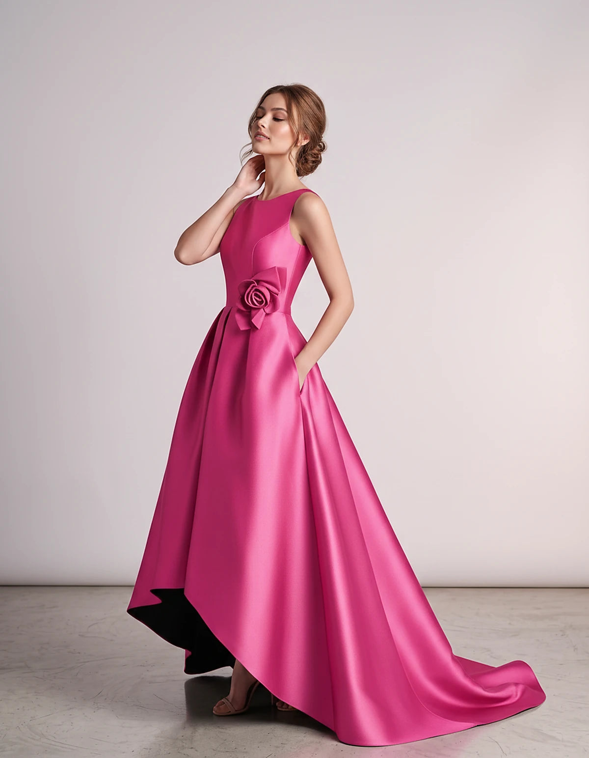 Satin Sleeveless Crew Neck A-Line High-Low Maxi Dress with Pockets for Wedding Guest, Party, Cocktail, Evening & Formal Event