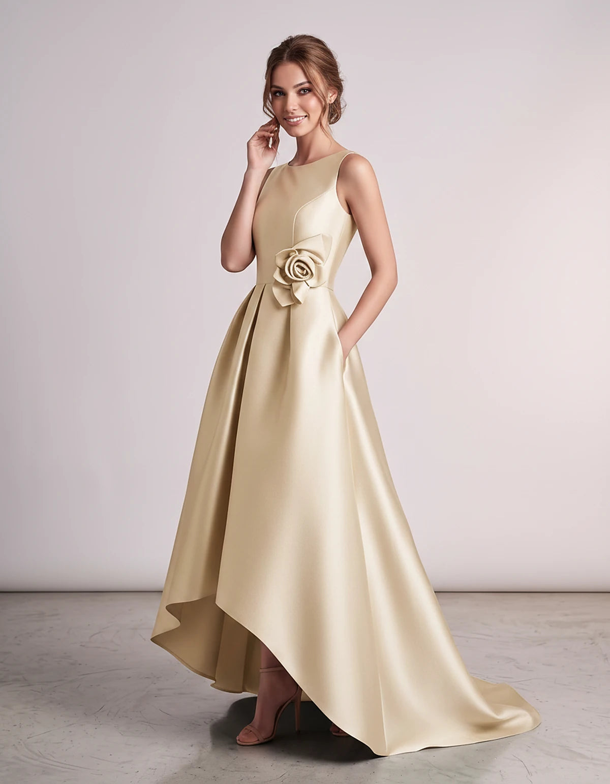 Satin Sleeveless Crew Neck A-Line High-Low Maxi Dress with Pockets for Wedding Guest, Party, Cocktail, Evening & Formal Event