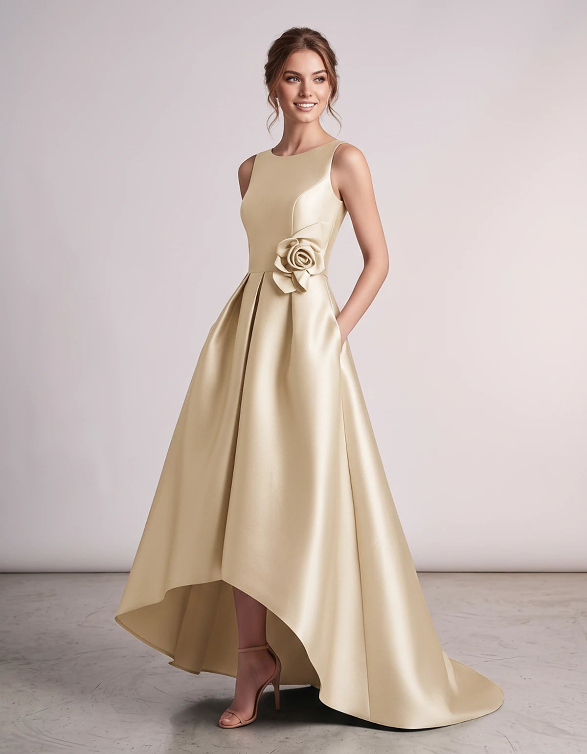 Satin Sleeveless Crew Neck A-Line High-Low Maxi Dress with Pockets for Wedding Guest, Party, Cocktail, Evening & Formal Event