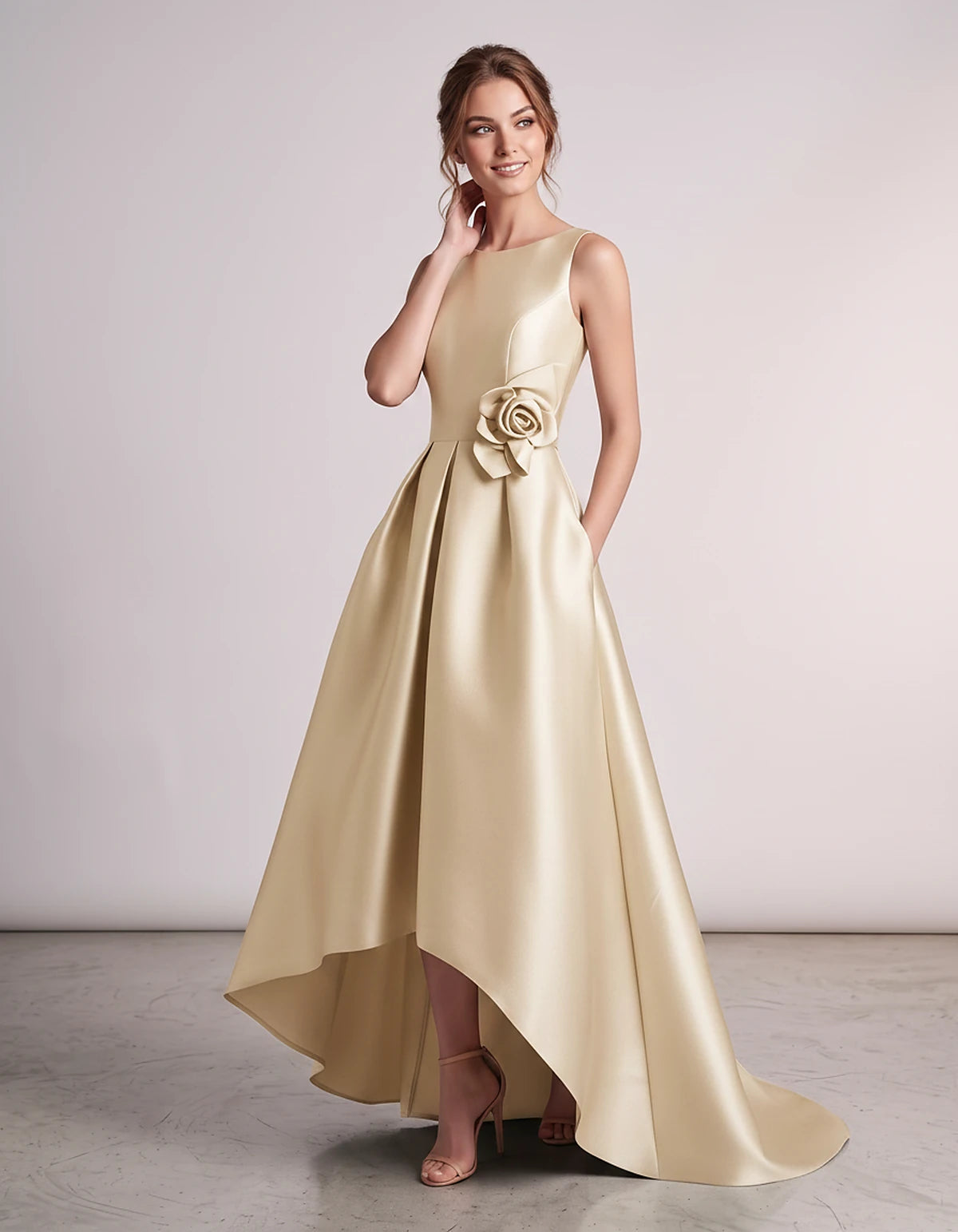 Satin Sleeveless Crew Neck A-Line High-Low Maxi Dress with Pockets for Wedding Guest, Party, Cocktail, Evening & Formal Event