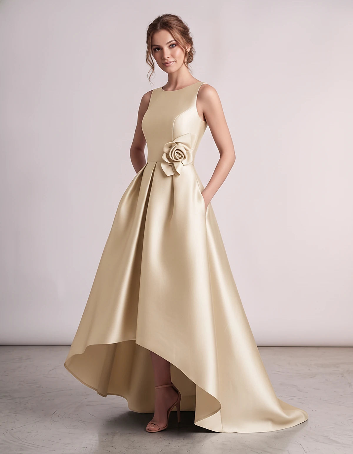 Satin Sleeveless Crew Neck A-Line High-Low Maxi Dress with Pockets for Wedding Guest, Party, Cocktail, Evening & Formal Event