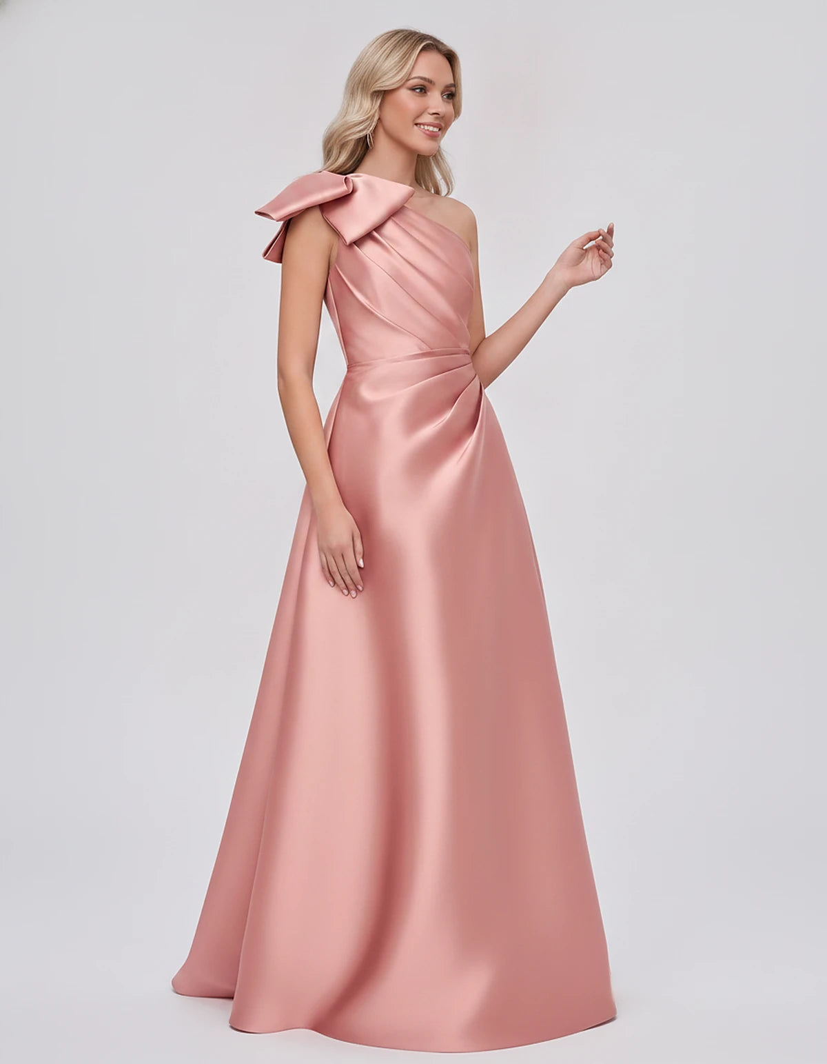 Satin Sleeveless One-Shoulder A-Line Maxi Dress with Bow for Prom, Party, Cocktail, Evening, Wedding Guest & Summer Events, s