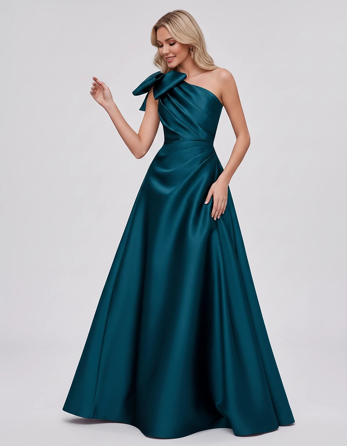 Satin Sleeveless One-Shoulder A-Line Maxi Dress with Bow for Prom, Party, Cocktail, Evening, Wedding Guest & Summer Events, f