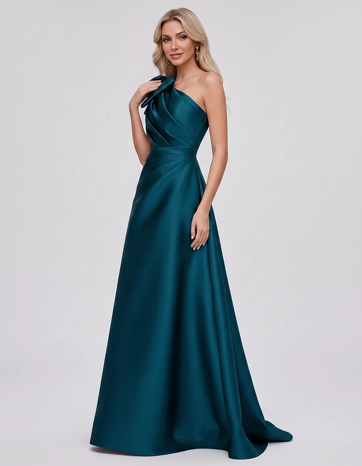 Satin Sleeveless One-Shoulder A-Line Maxi Dress with Bow for Prom, Party, Cocktail, Evening, Wedding Guest & Summer Events, f