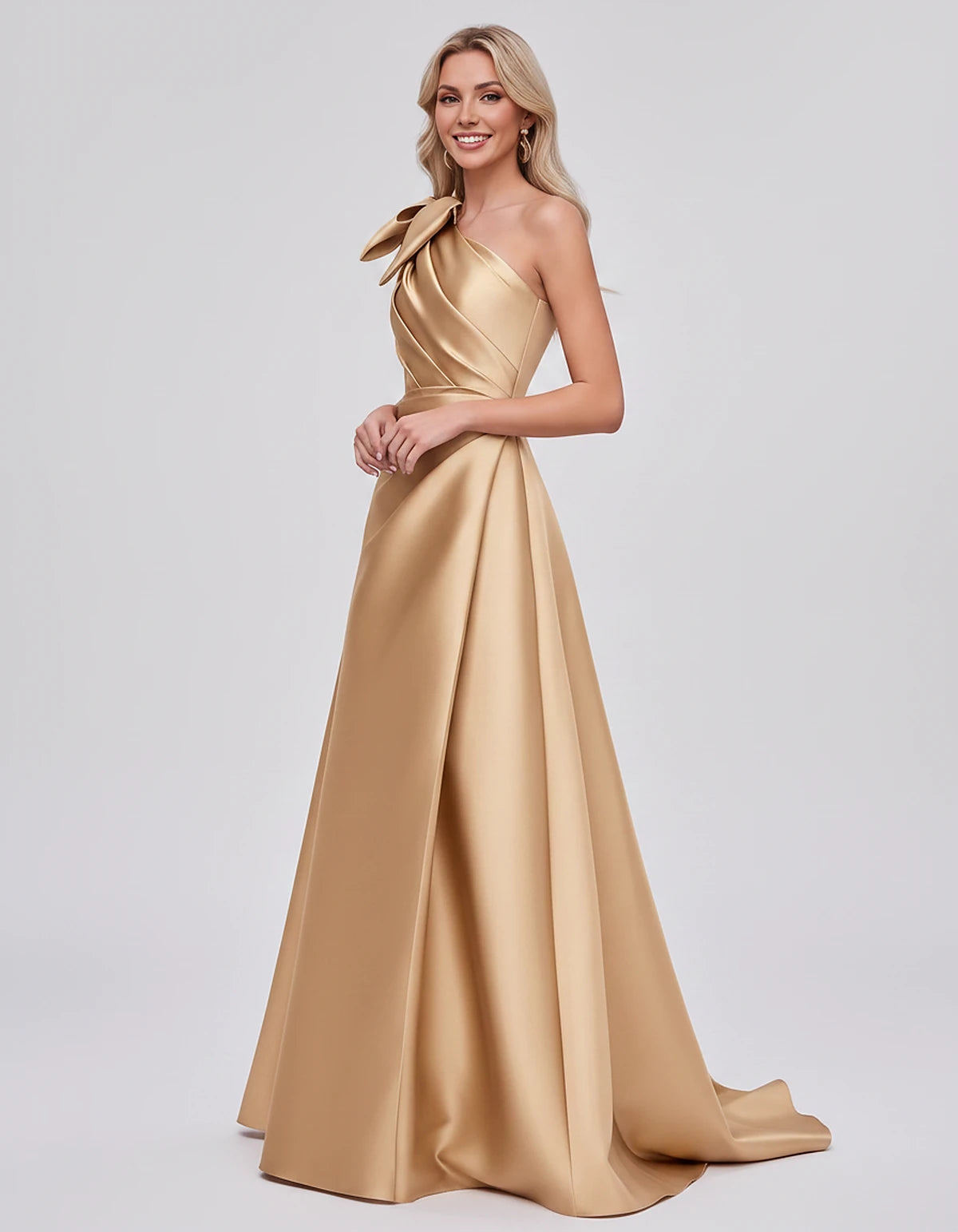 Satin Sleeveless One-Shoulder A-Line Maxi Dress with Bow for Prom, Party, Cocktail, Evening, Wedding Guest & Summer Events, s