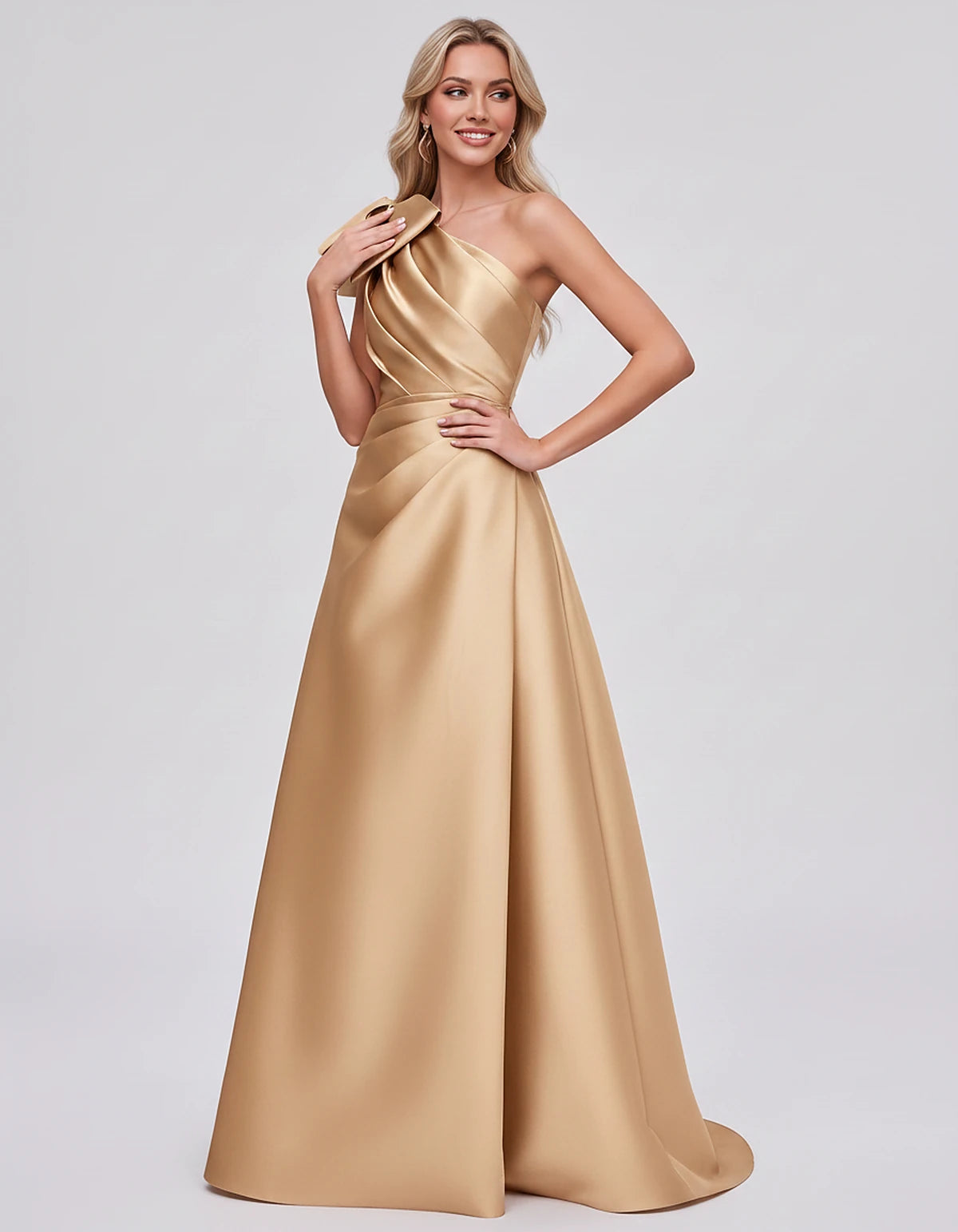 Satin Sleeveless One-Shoulder A-Line Maxi Dress with Bow for Prom, Party, Cocktail, Evening, Wedding Guest & Summer Events, f