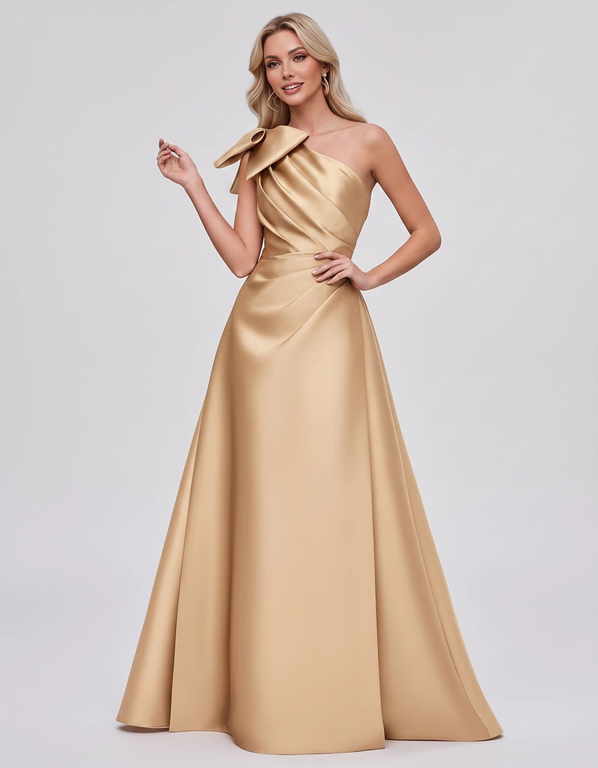 Satin Sleeveless One-Shoulder A-Line Maxi Dress with Bow for Prom, Party, Cocktail, Evening, Wedding Guest & Summer Events, f