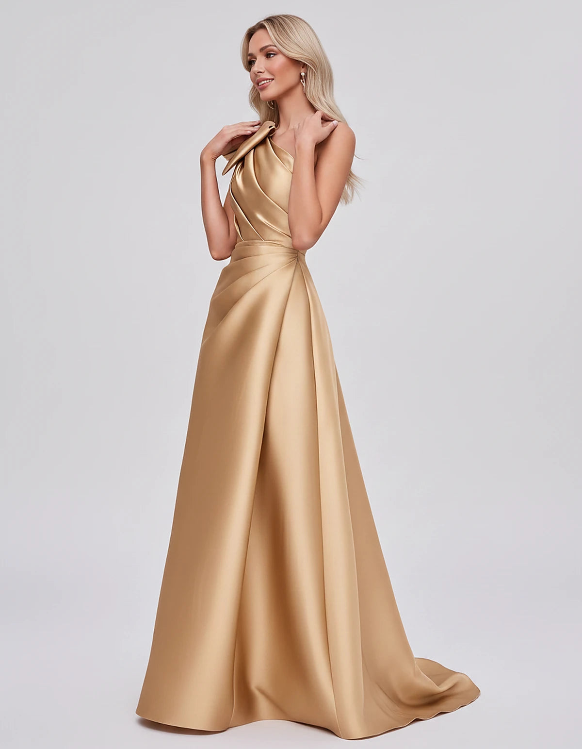 Satin Sleeveless One-Shoulder A-Line Maxi Dress with Bow for Prom, Party, Cocktail, Evening, Wedding Guest & Summer Events, s