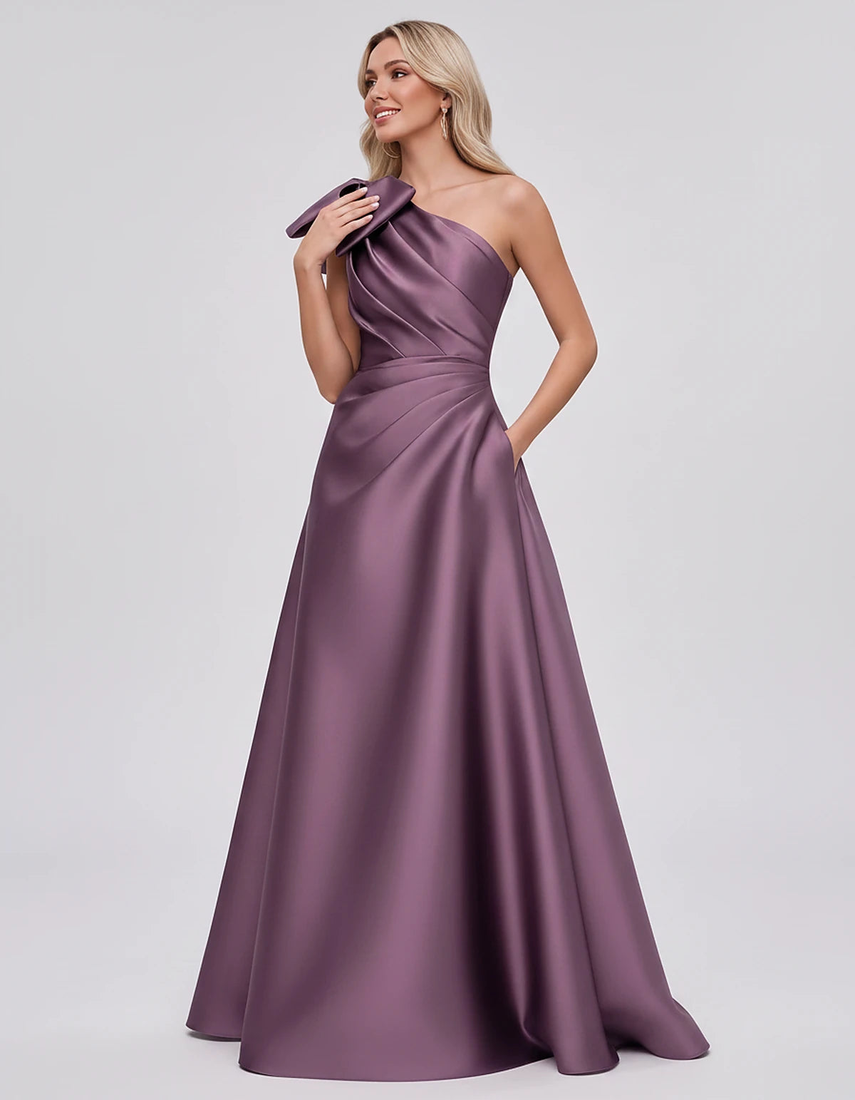 Satin Sleeveless One-Shoulder A-Line Maxi Dress with Bow for Prom, Party, Cocktail, Evening, Wedding Guest & Summer Events, s