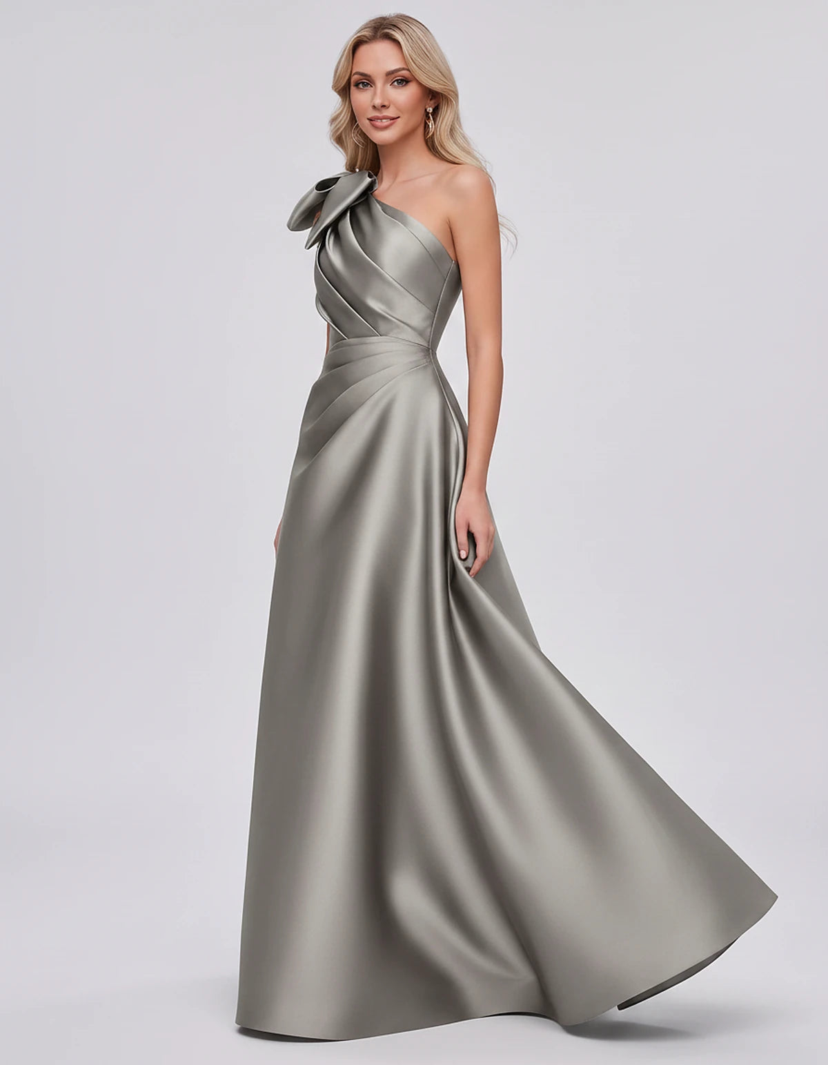 Satin Sleeveless One-Shoulder A-Line Maxi Dress with Bow for Prom, Party, Cocktail, Evening, Wedding Guest & Summer Events, s