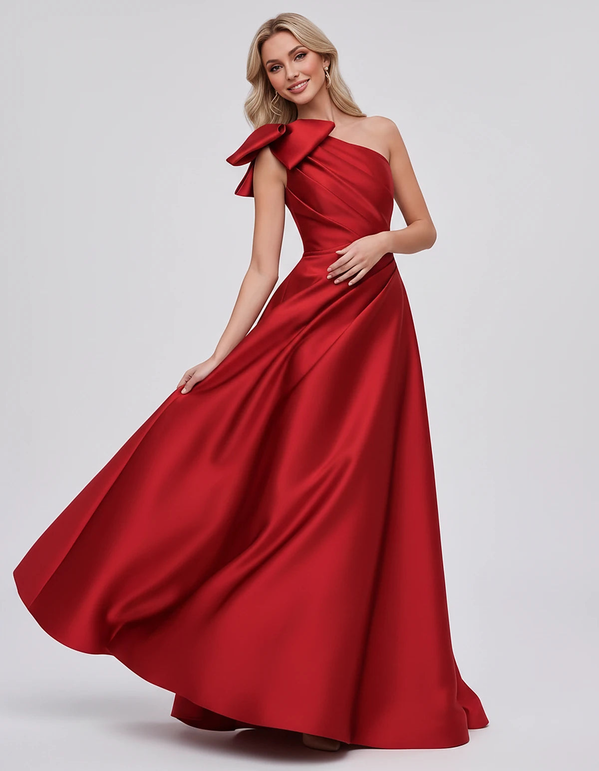 Satin Sleeveless One-Shoulder A-Line Maxi Dress with Bow for Prom, Party, Cocktail, Evening, Wedding Guest & Summer Events, f