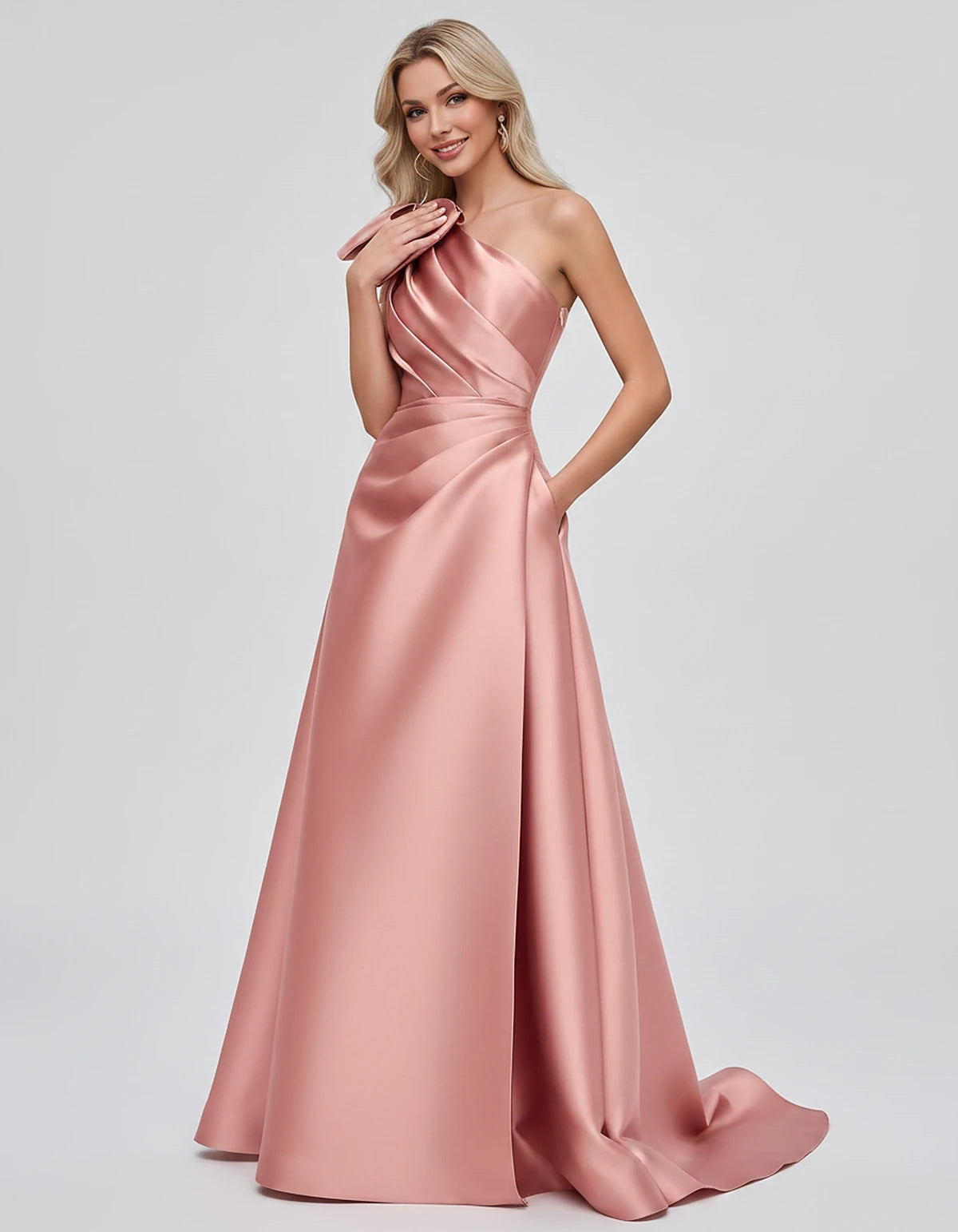 Satin Sleeveless One-Shoulder A-Line Maxi Dress with Bow for Prom, Party, Cocktail, Evening, Wedding Guest & Summer Events, f