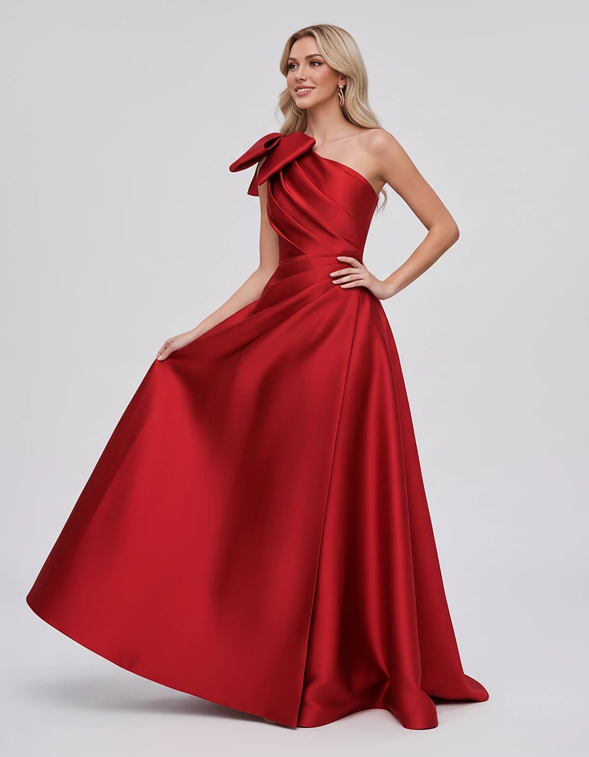 Satin Sleeveless One-Shoulder A-Line Maxi Dress with Bow for Prom, Party, Cocktail, Evening, Wedding Guest & Summer Events, f