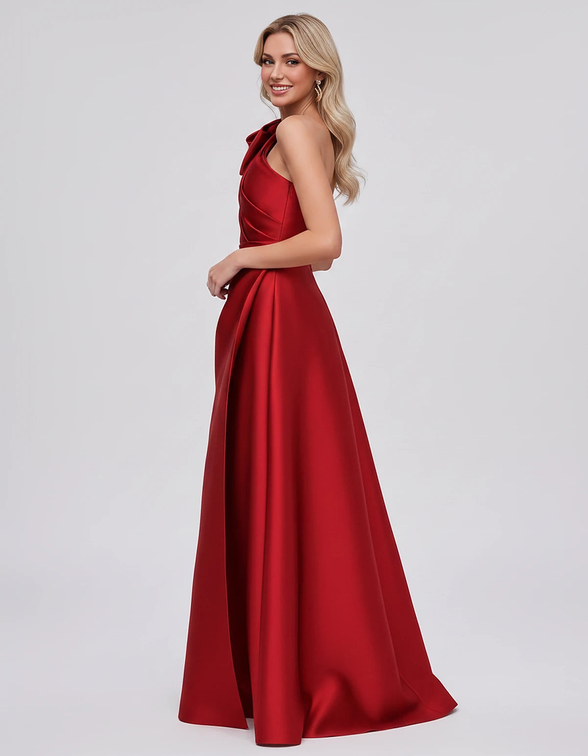 Satin Sleeveless One-Shoulder A-Line Maxi Dress with Bow for Prom, Party, Cocktail, Evening, Wedding Guest & Summer Events, s