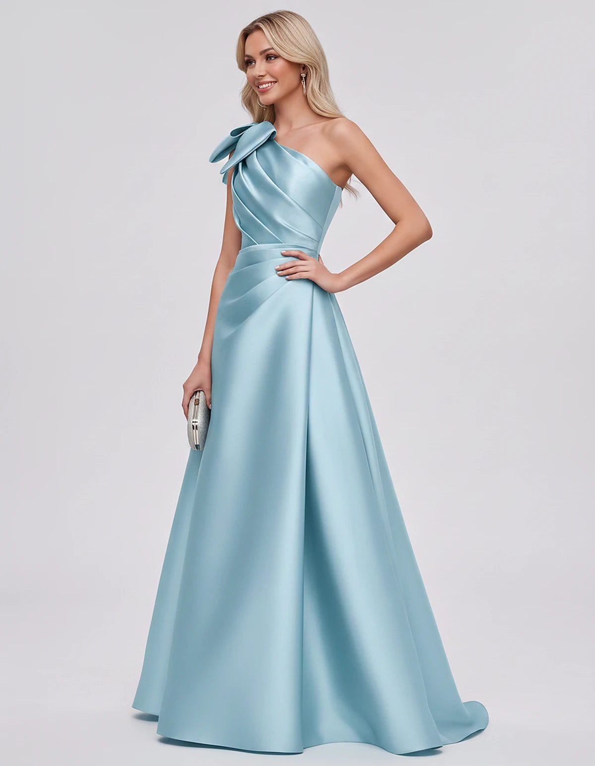 Satin Sleeveless One-Shoulder A-Line Maxi Dress with Bow for Prom, Party, Cocktail, Evening, Wedding Guest & Summer Events, s