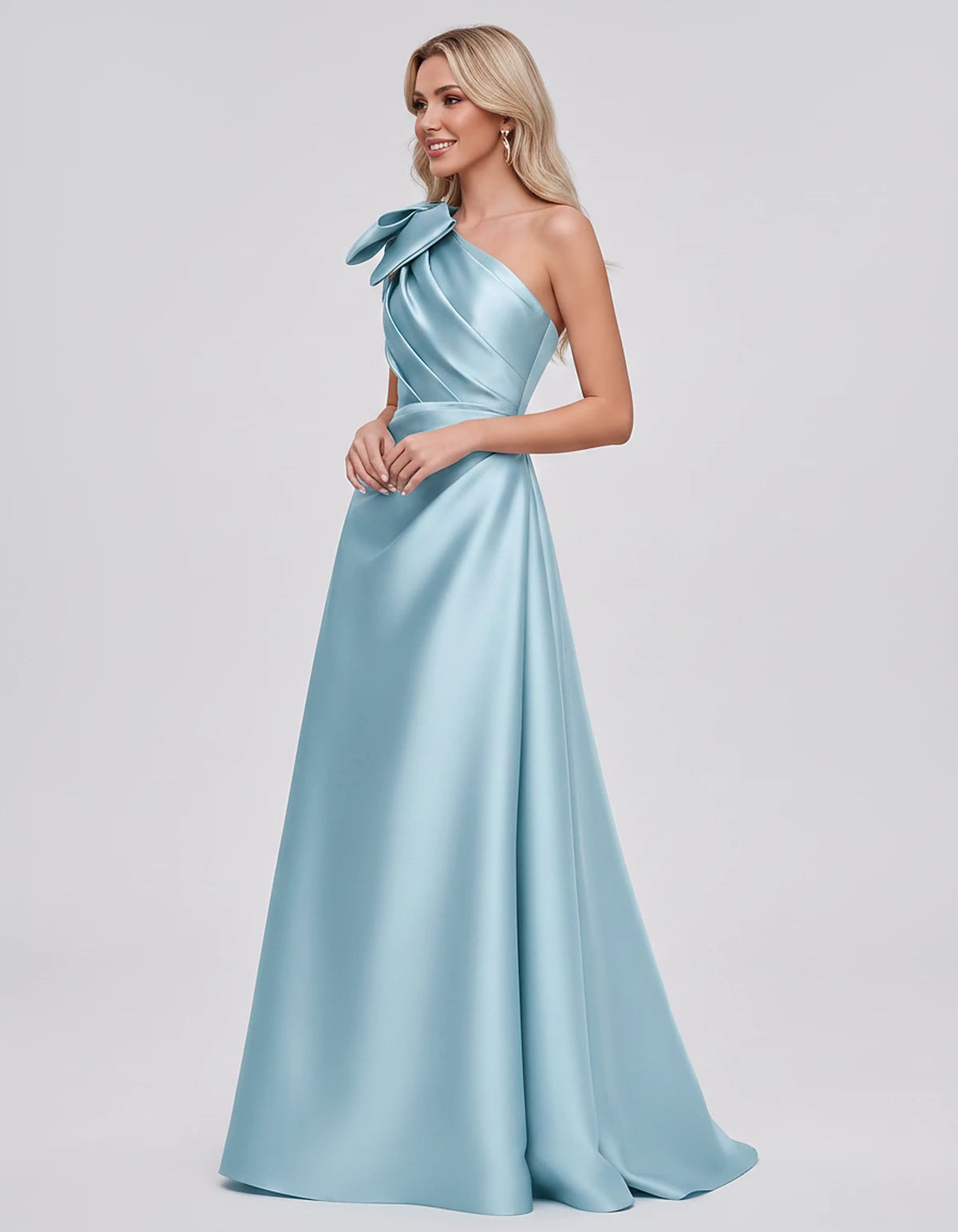 Satin Sleeveless One-Shoulder A-Line Maxi Dress with Bow for Prom, Party, Cocktail, Evening, Wedding Guest & Summer Events, s