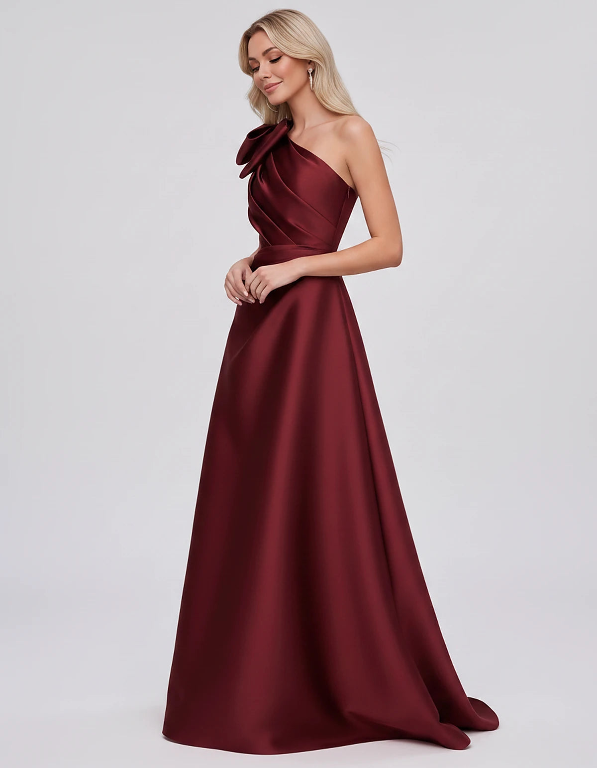 Satin Sleeveless One-Shoulder A-Line Maxi Dress with Bow for Prom, Party, Cocktail, Evening, Wedding Guest & Summer Events, s