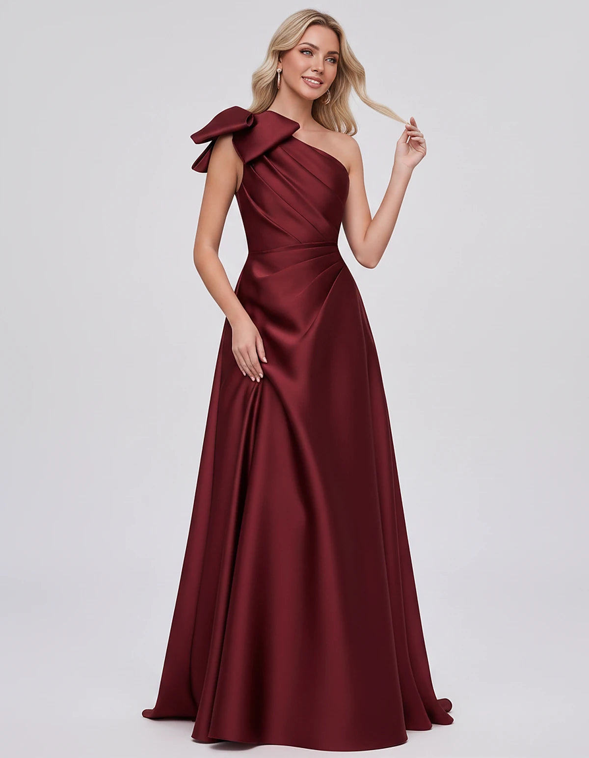 Satin Sleeveless One-Shoulder A-Line Maxi Dress with Bow for Prom, Party, Cocktail, Evening, Wedding Guest & Summer Events, f