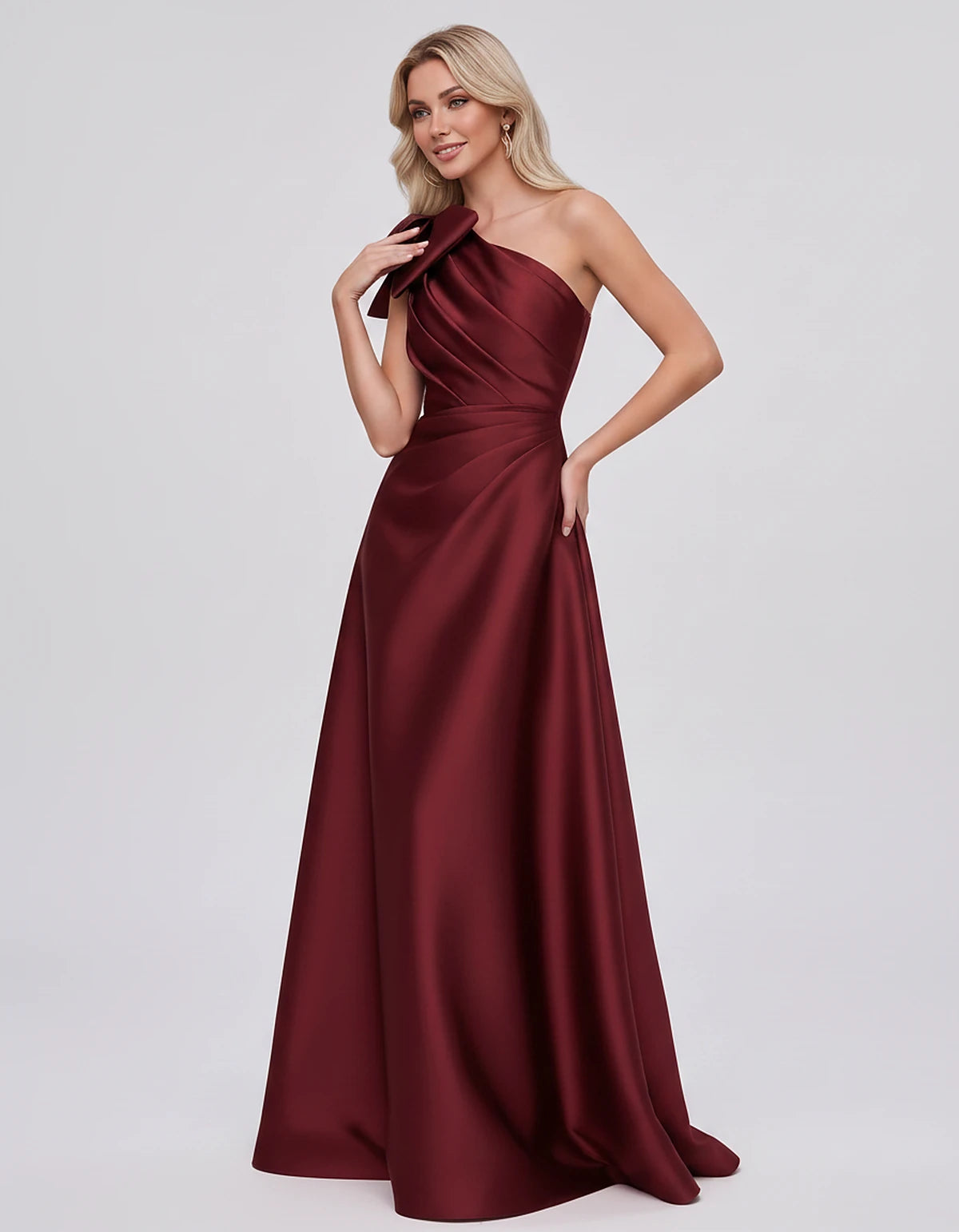 Satin Sleeveless One-Shoulder A-Line Maxi Dress with Bow for Prom, Party, Cocktail, Evening, Wedding Guest & Summer Events, f