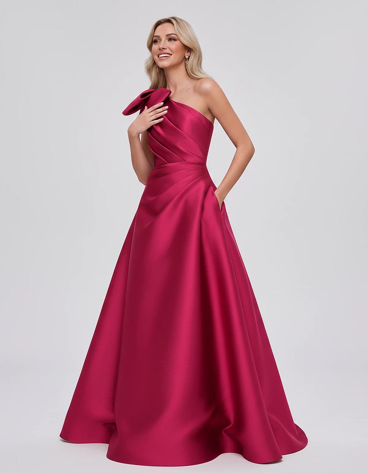 Satin Sleeveless One-Shoulder A-Line Maxi Dress with Bow for Prom, Party, Cocktail, Evening, Wedding Guest & Summer Events, f