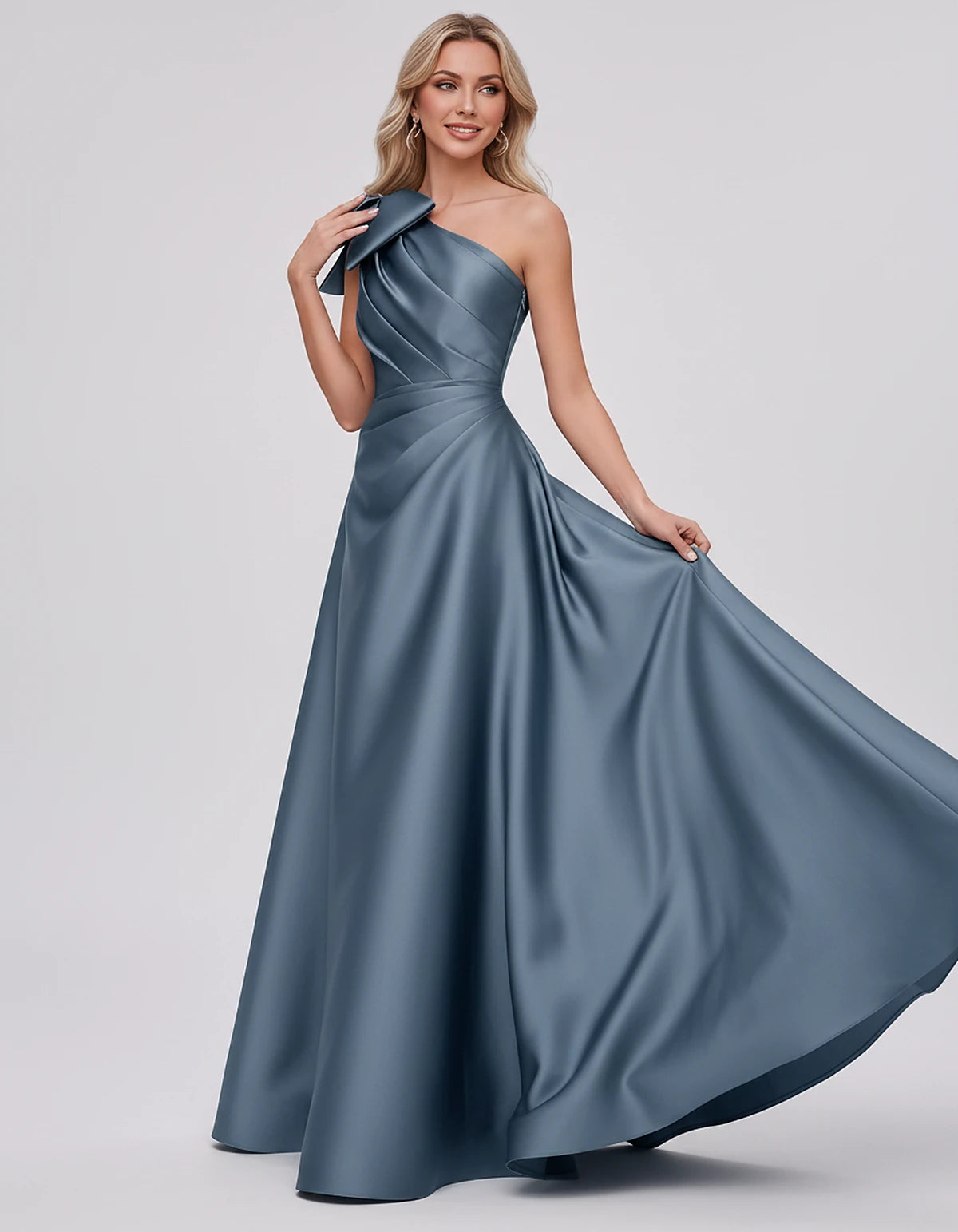 Satin Sleeveless One-Shoulder A-Line Maxi Dress with Bow for Prom, Party, Cocktail, Evening, Wedding Guest & Summer Events, f