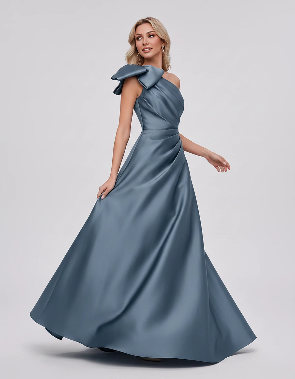 Satin Sleeveless One-Shoulder A-Line Maxi Dress with Bow for Prom, Party, Cocktail, Evening, Wedding Guest & Summer Events, f
