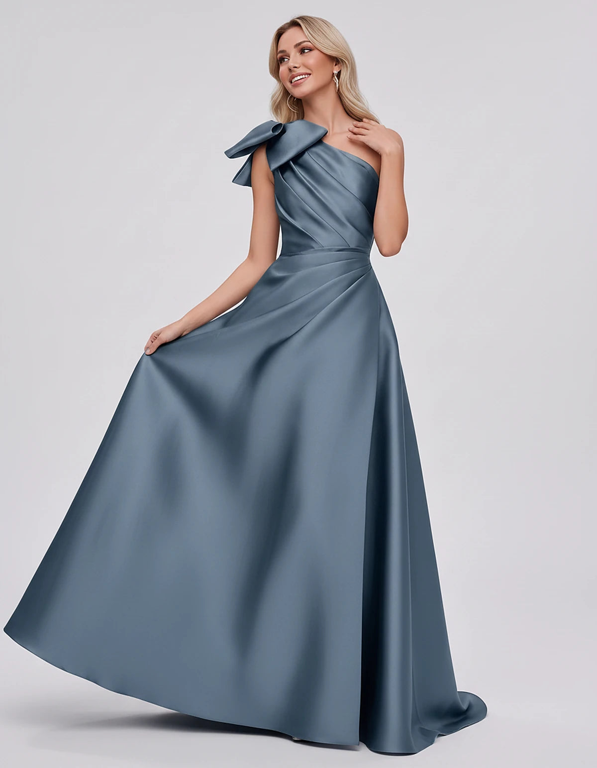 Satin Sleeveless One-Shoulder A-Line Maxi Dress with Bow for Prom, Party, Cocktail, Evening, Wedding Guest & Summer Events, f