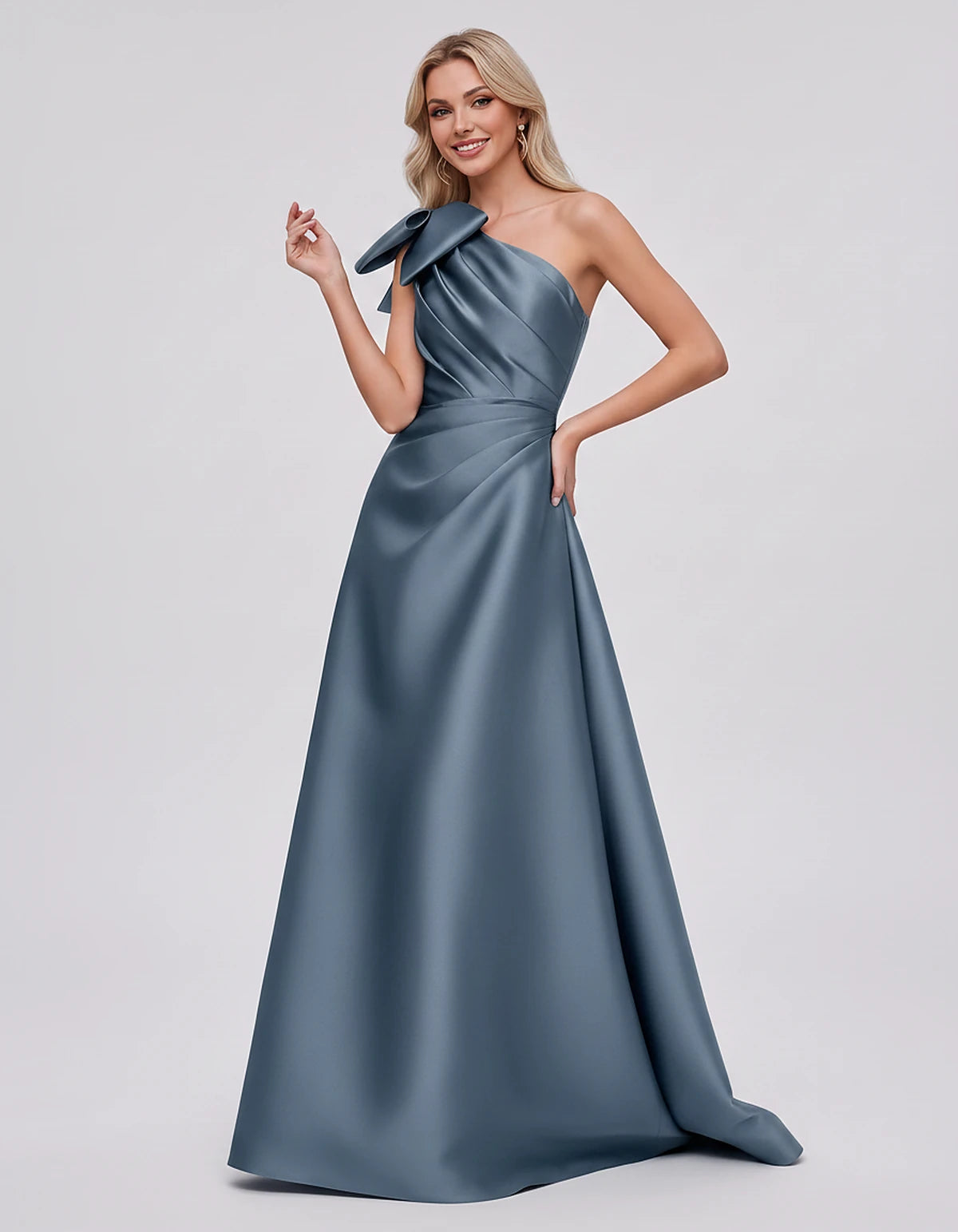 Satin Sleeveless One-Shoulder A-Line Maxi Dress with Bow for Prom, Party, Cocktail, Evening, Wedding Guest & Summer Events, f