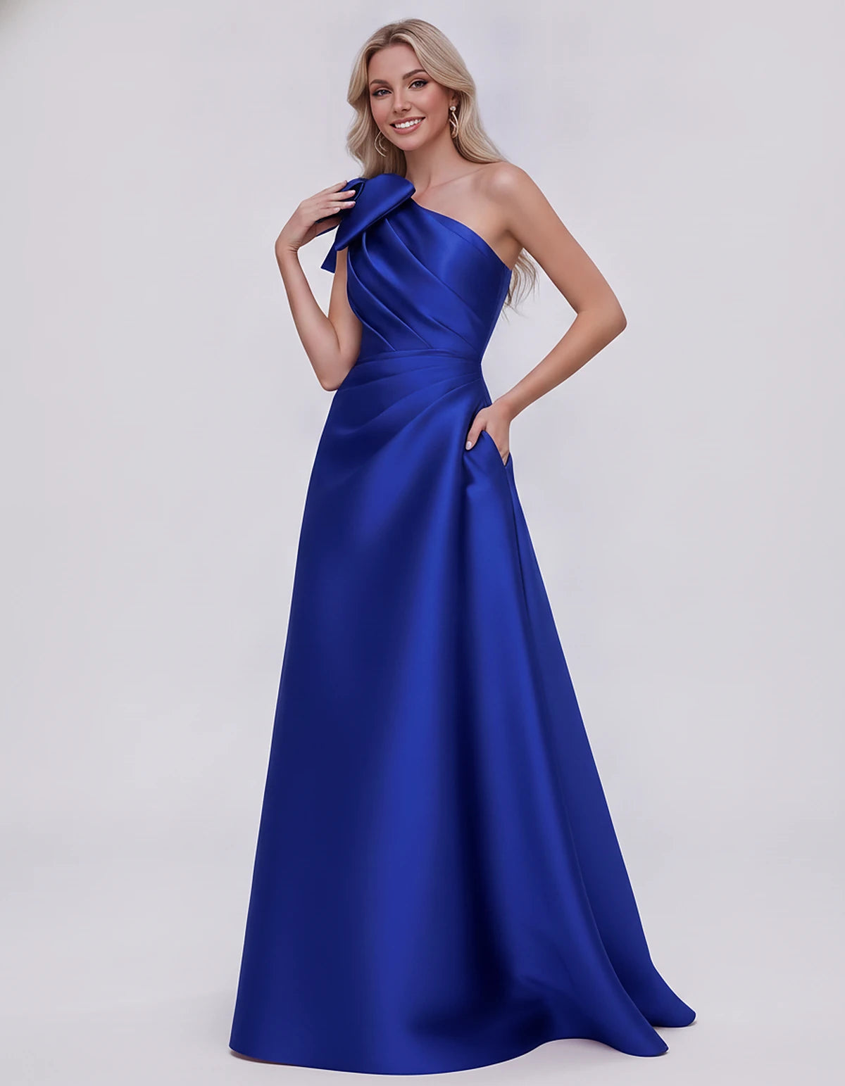 Satin Sleeveless One-Shoulder A-Line Maxi Dress with Bow for Prom, Party, Cocktail, Evening, Wedding Guest & Summer Events, f