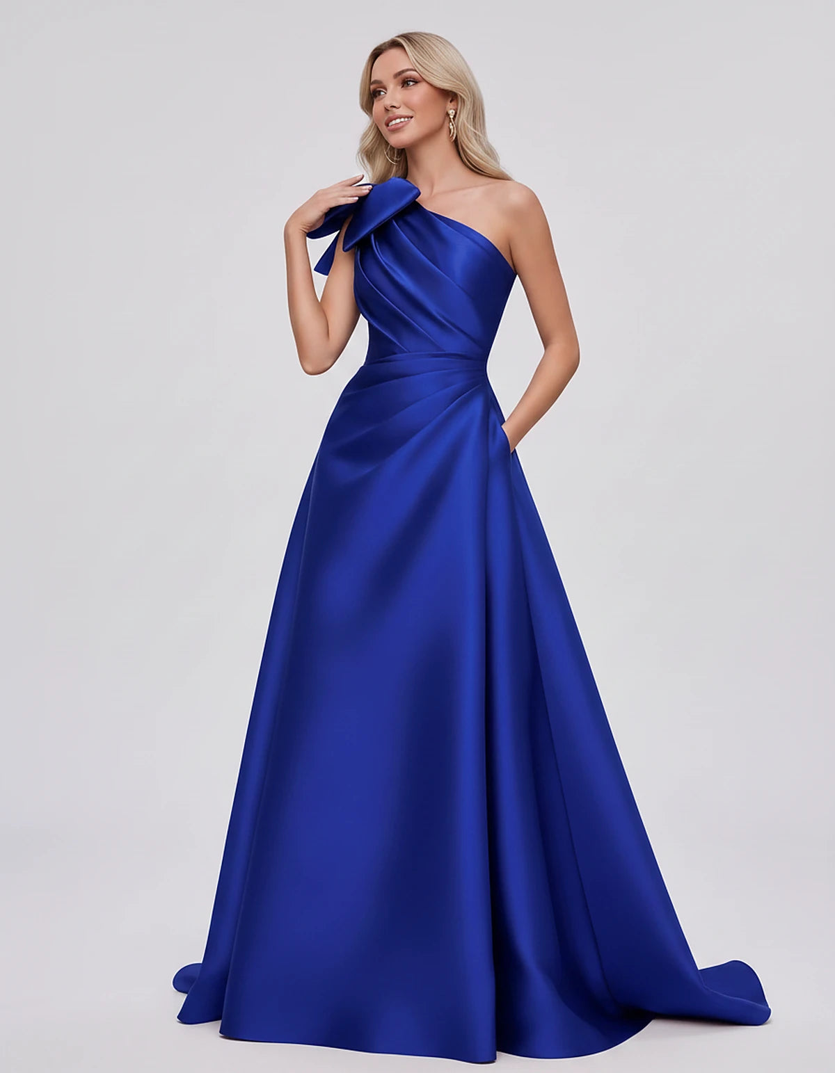 Satin Sleeveless One-Shoulder A-Line Maxi Dress with Bow for Prom, Party, Cocktail, Evening, Wedding Guest & Summer Events, f