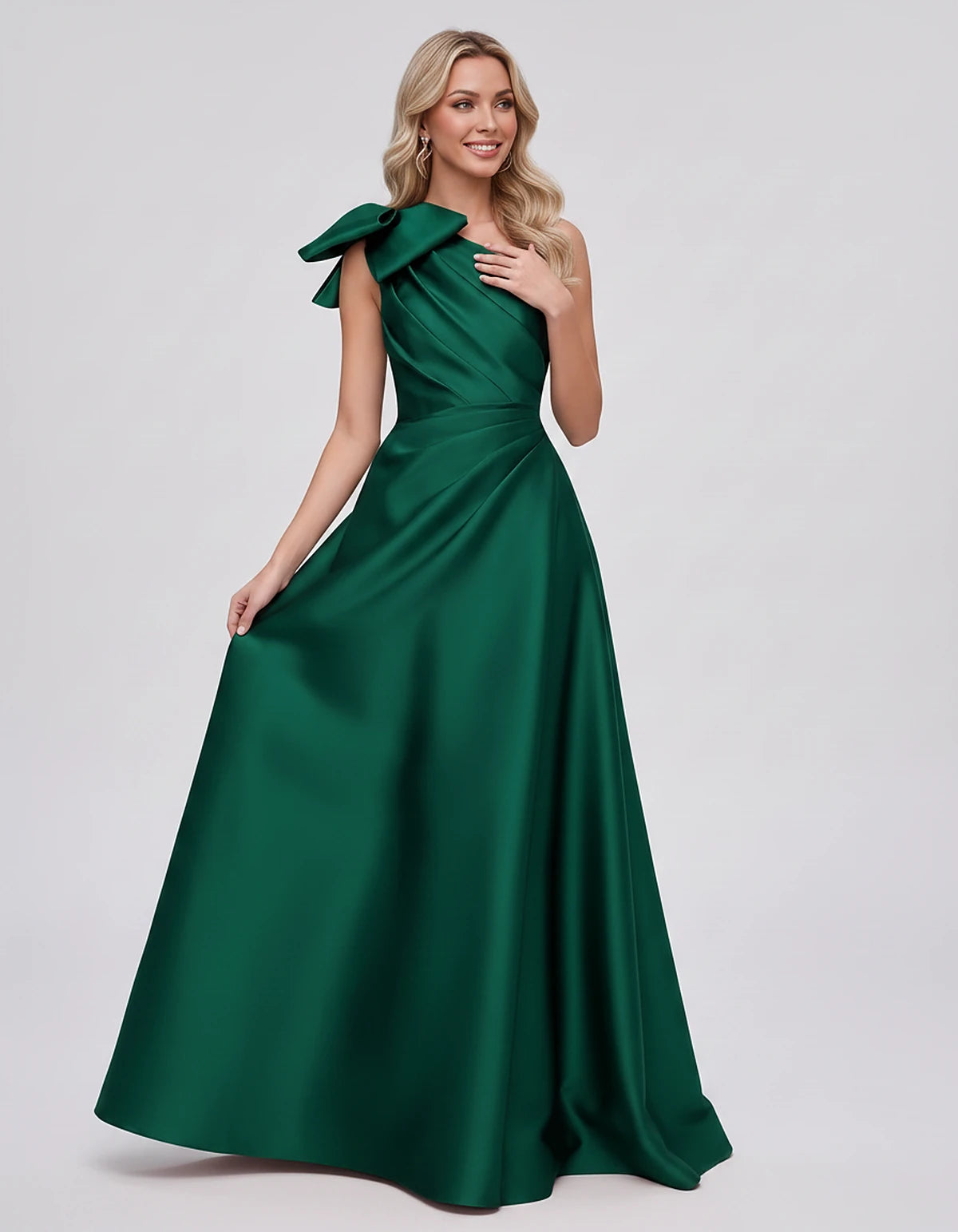 Satin Sleeveless One-Shoulder A-Line Maxi Dress with Bow for Prom, Party, Cocktail, Evening, Wedding Guest & Summer Events, f