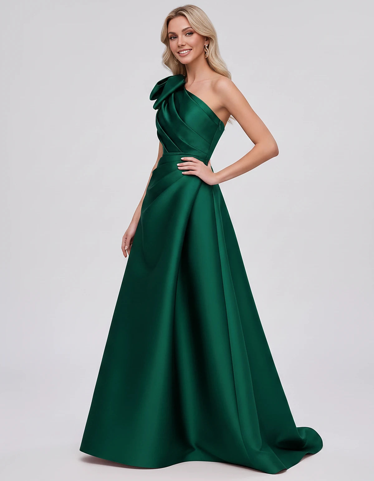 Satin Sleeveless One-Shoulder A-Line Maxi Dress with Bow for Prom, Party, Cocktail, Evening, Wedding Guest & Summer Events, s