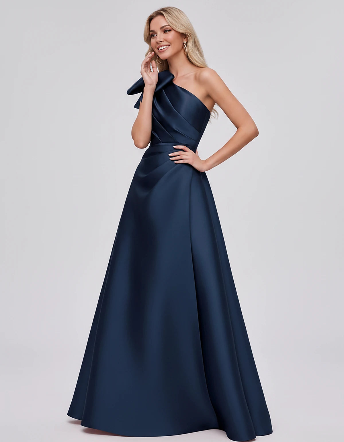 Satin Sleeveless One-Shoulder A-Line Maxi Dress with Bow for Prom, Party, Cocktail, Evening, Wedding Guest & Summer Events, f