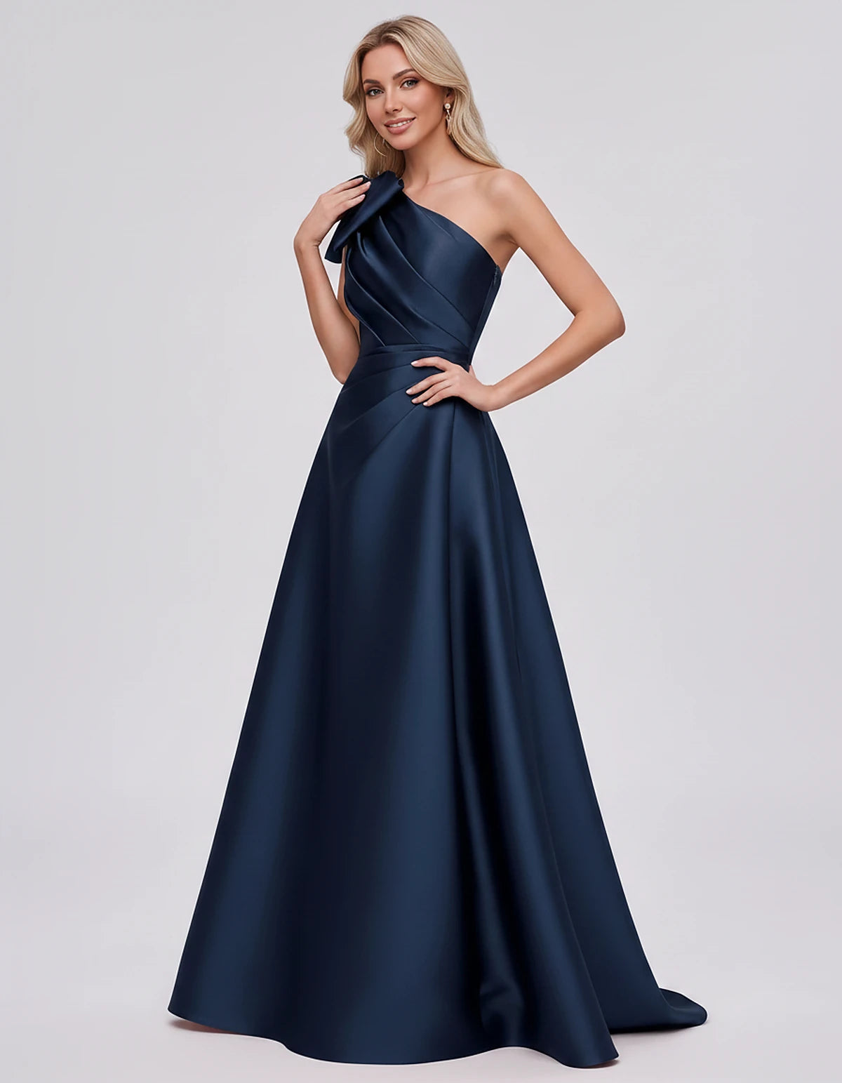 Satin Sleeveless One-Shoulder A-Line Maxi Dress with Bow for Prom, Party, Cocktail, Evening, Wedding Guest & Summer Events, f