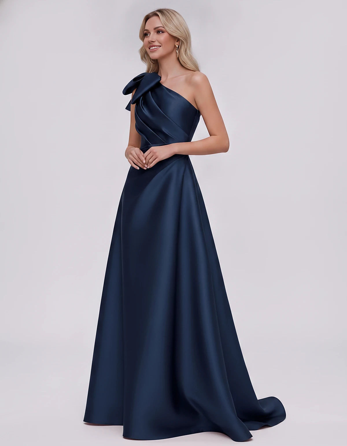 Satin Sleeveless One-Shoulder A-Line Maxi Dress with Bow for Prom, Party, Cocktail, Evening, Wedding Guest & Summer Events, s