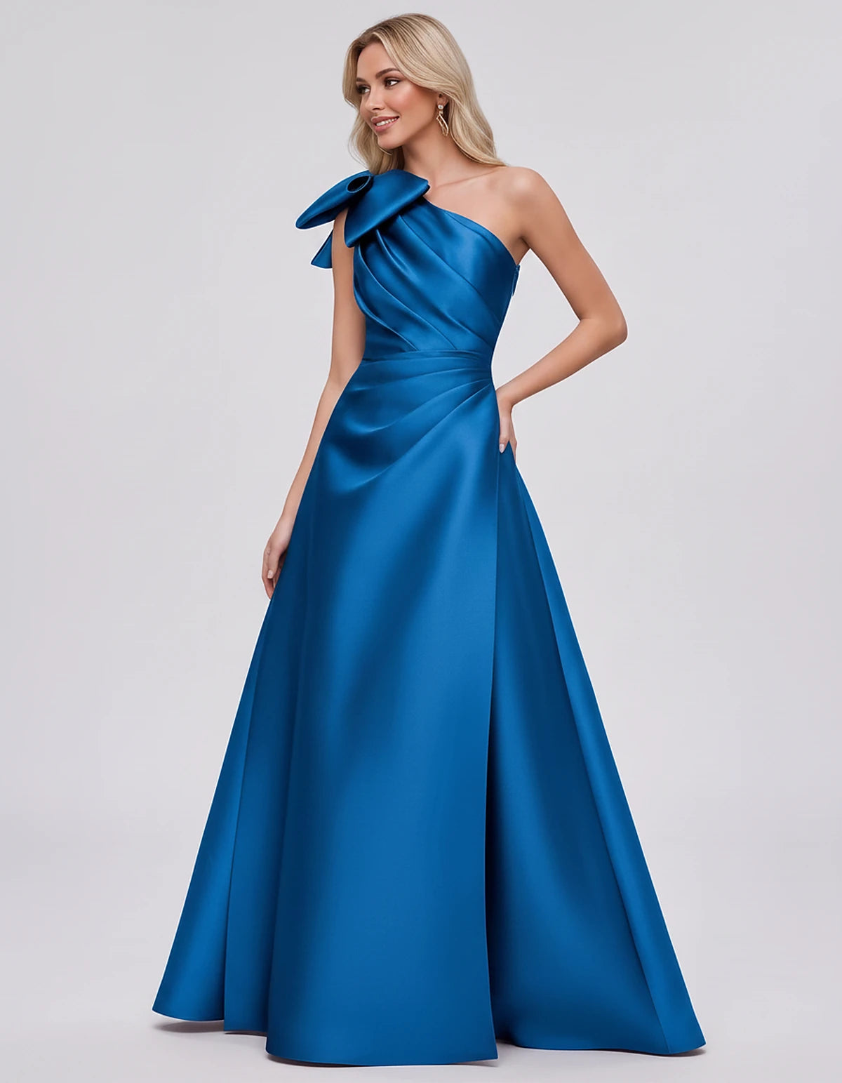 Satin Sleeveless One-Shoulder A-Line Maxi Dress with Bow for Prom, Party, Cocktail, Evening, Wedding Guest & Summer Events, s