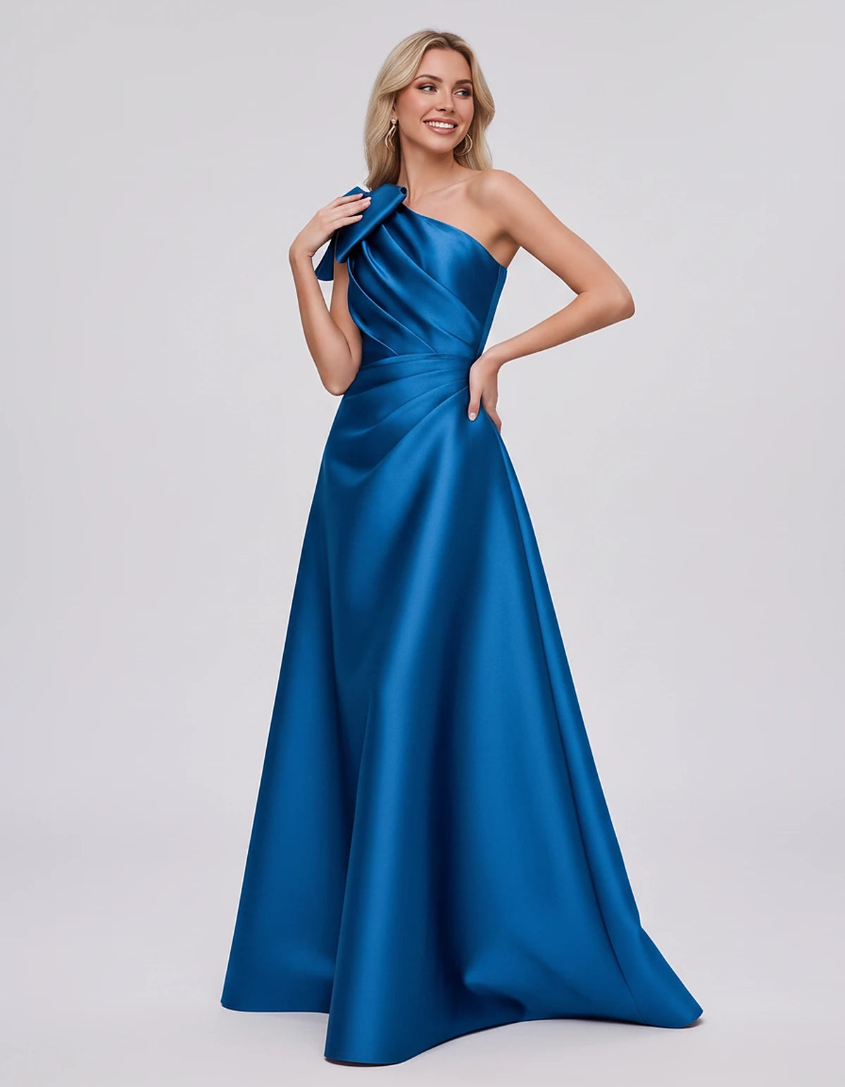 Satin Sleeveless One-Shoulder A-Line Maxi Dress with Bow for Prom, Party, Cocktail, Evening, Wedding Guest & Summer Events, f