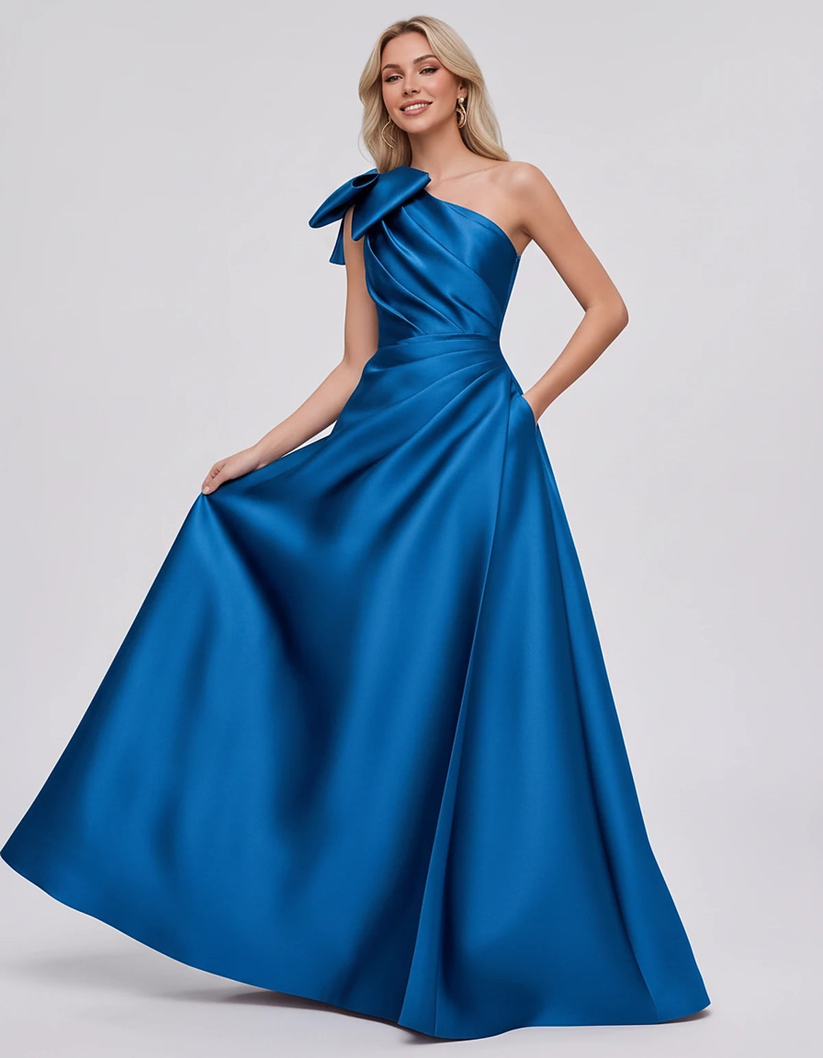 Satin Sleeveless One-Shoulder A-Line Maxi Dress with Bow for Prom, Party, Cocktail, Evening, Wedding Guest & Summer Events, f