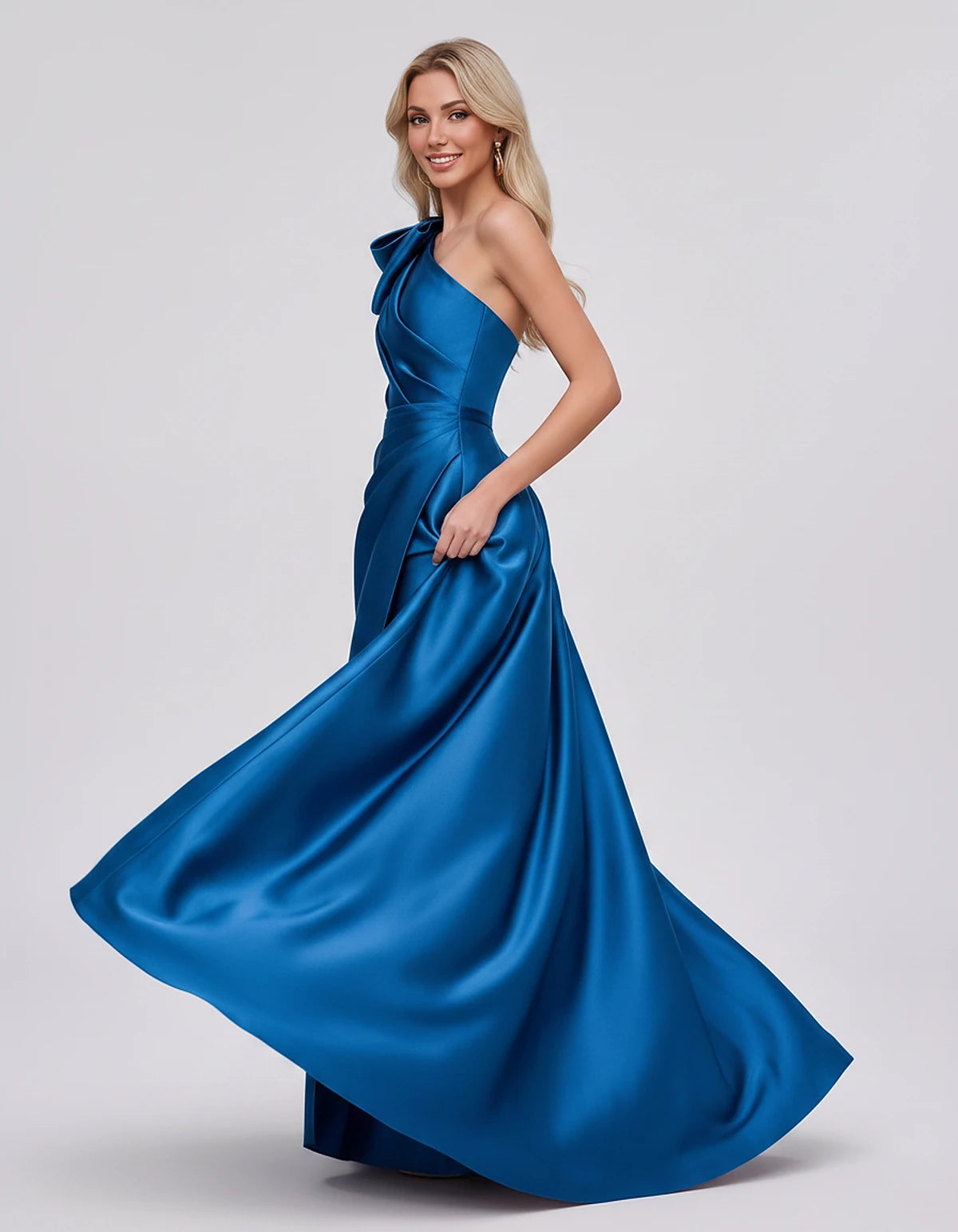 Satin Sleeveless One-Shoulder A-Line Maxi Dress with Bow for Prom, Party, Cocktail, Evening, Wedding Guest & Summer Events, s
