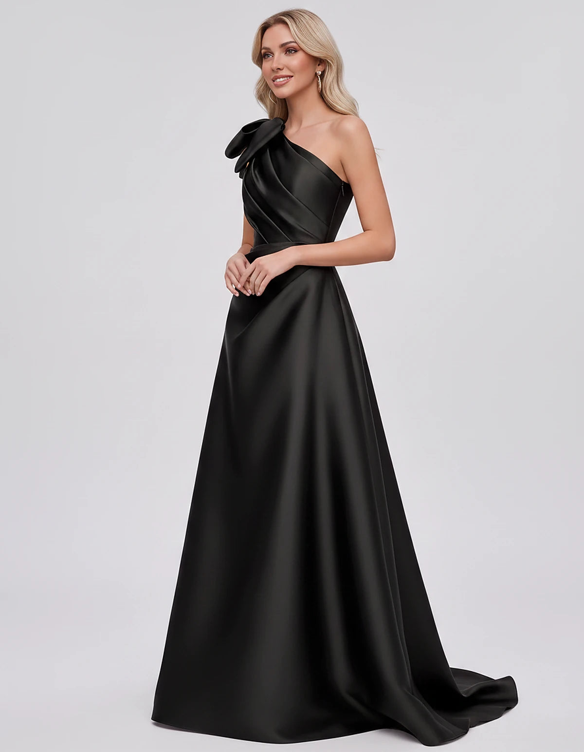 Satin Sleeveless One-Shoulder A-Line Maxi Dress with Bow for Prom, Party, Cocktail, Evening, Wedding Guest & Summer Events, s