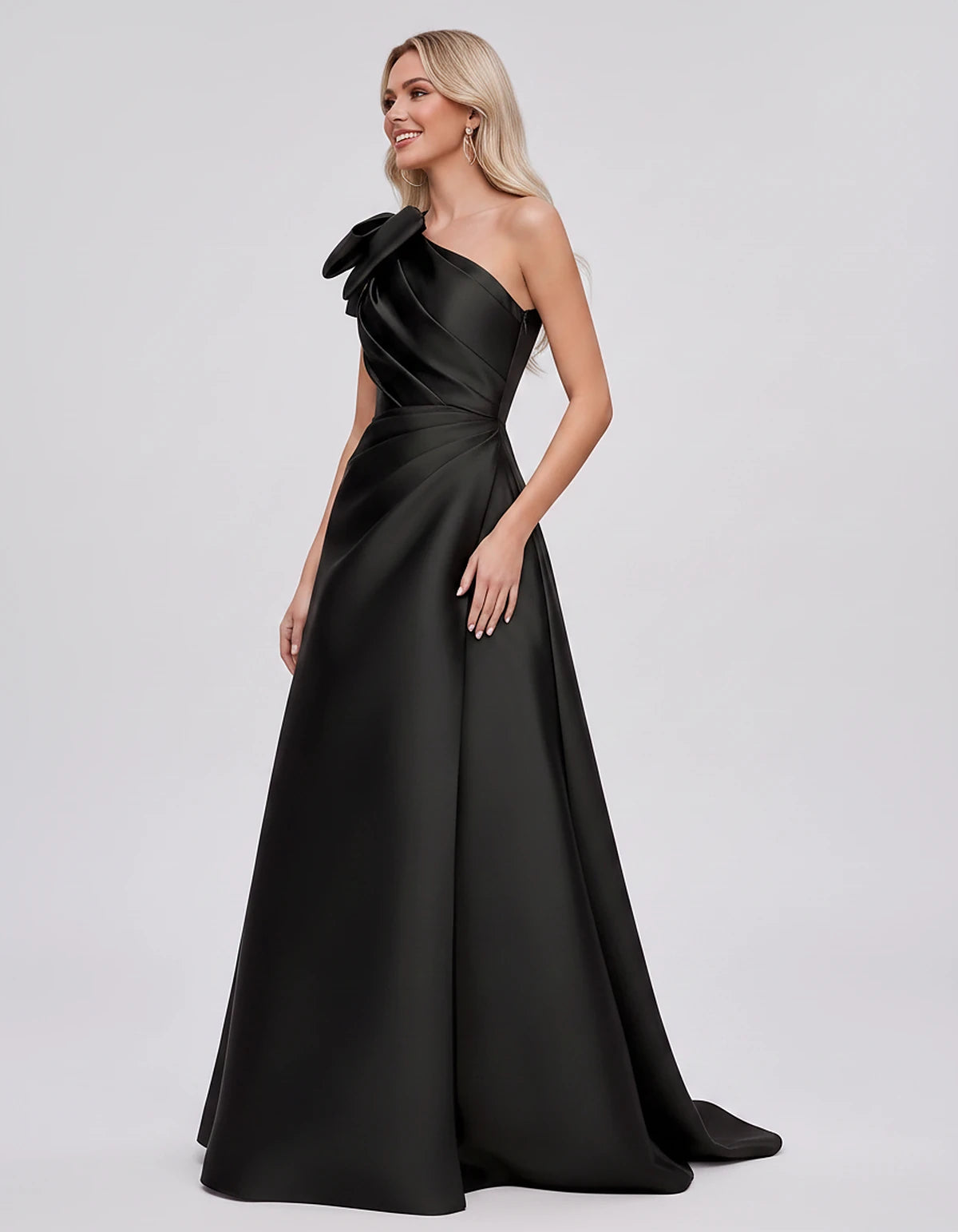 Satin Sleeveless One-Shoulder A-Line Maxi Dress with Bow for Prom, Party, Cocktail, Evening, Wedding Guest & Summer Events, s