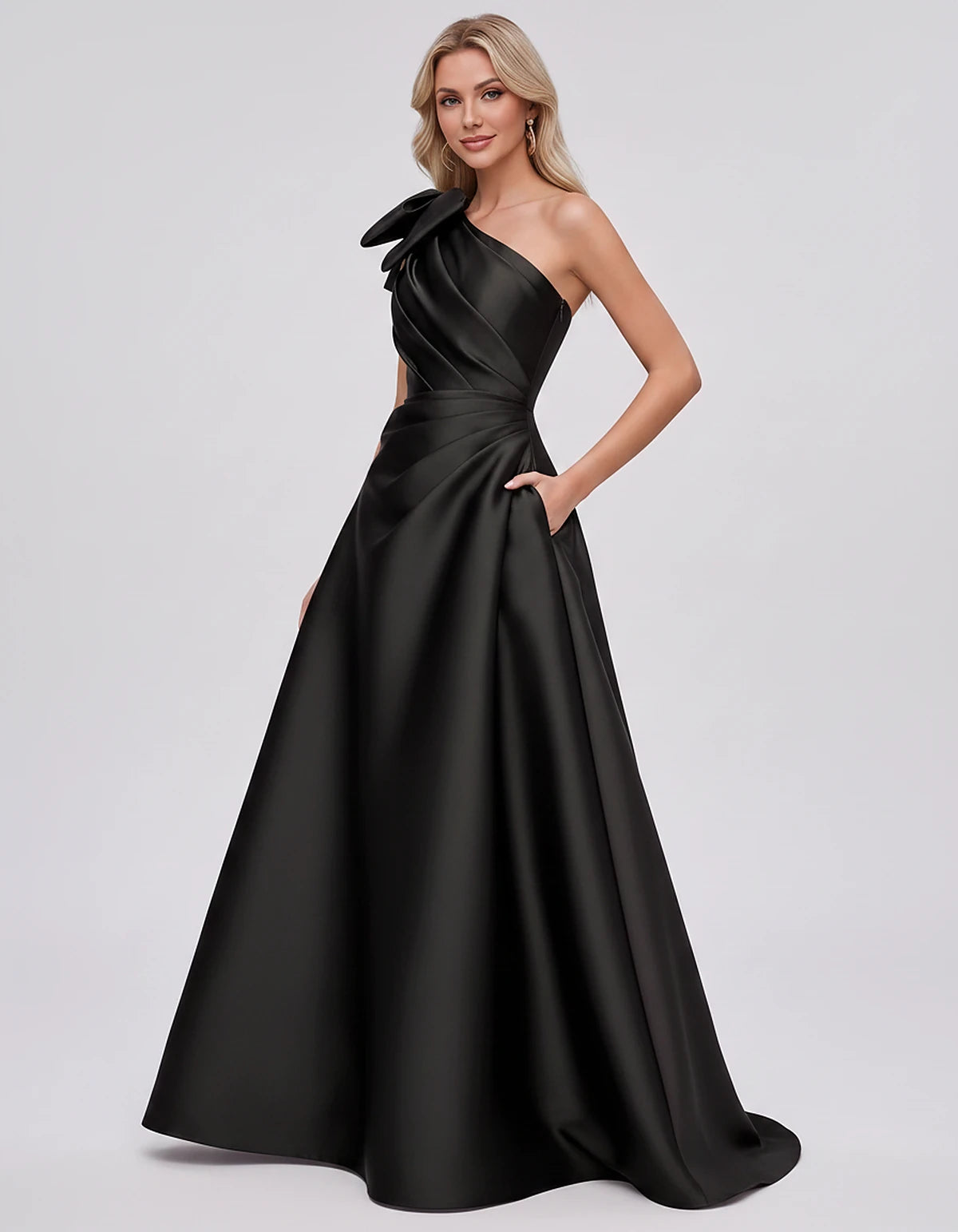 Satin Sleeveless One-Shoulder A-Line Maxi Dress with Bow for Prom, Party, Cocktail, Evening, Wedding Guest & Summer Events, s