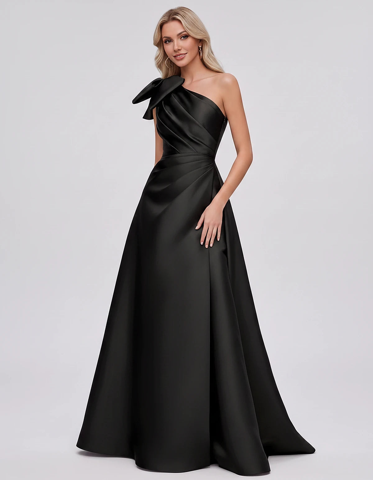 Satin Sleeveless One-Shoulder A-Line Maxi Dress with Bow for Prom, Party, Cocktail, Evening, Wedding Guest & Summer Events, f