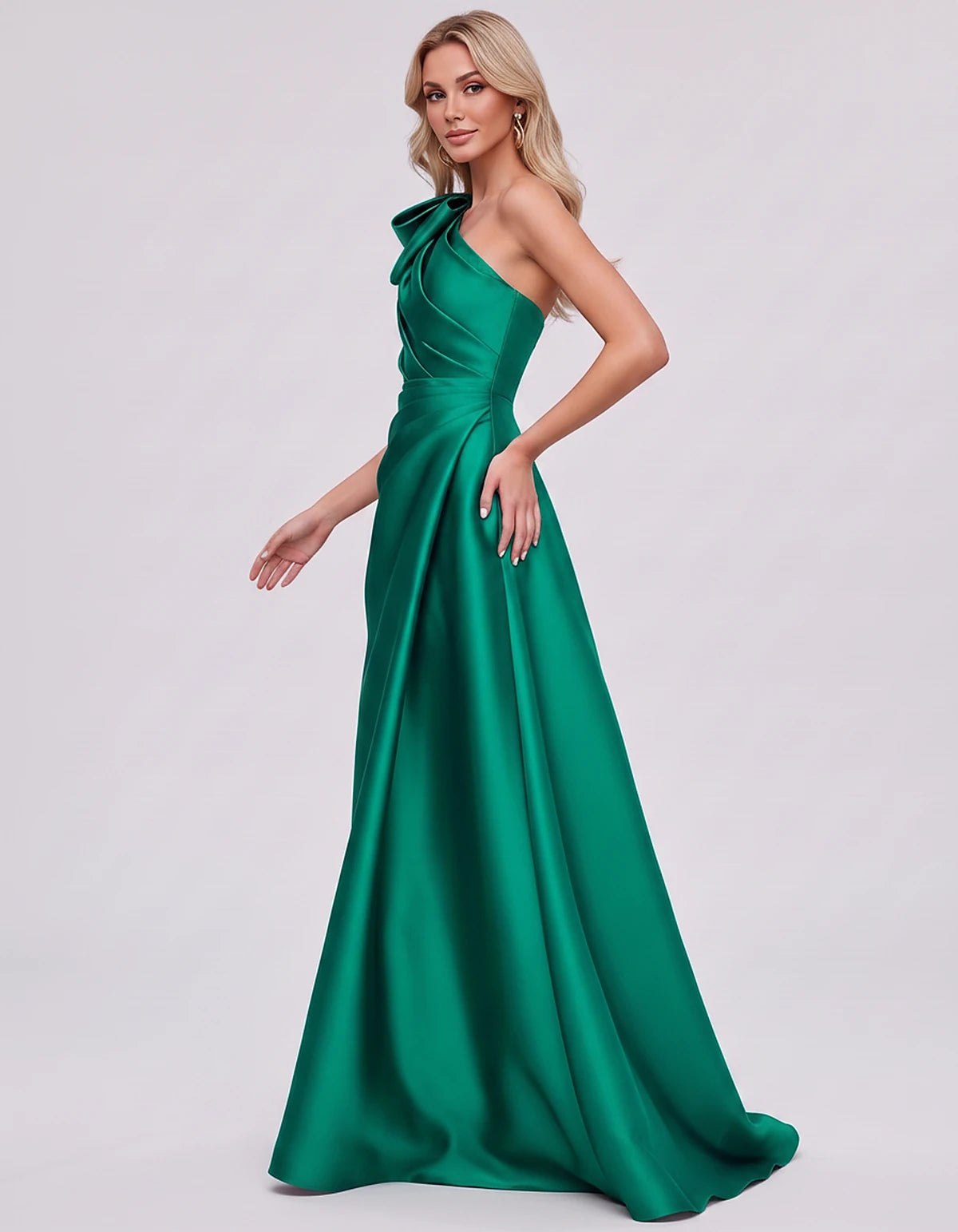 Satin Sleeveless One-Shoulder A-Line Maxi Dress with Bow for Prom, Party, Cocktail, Evening, Wedding Guest & Summer Events, s
