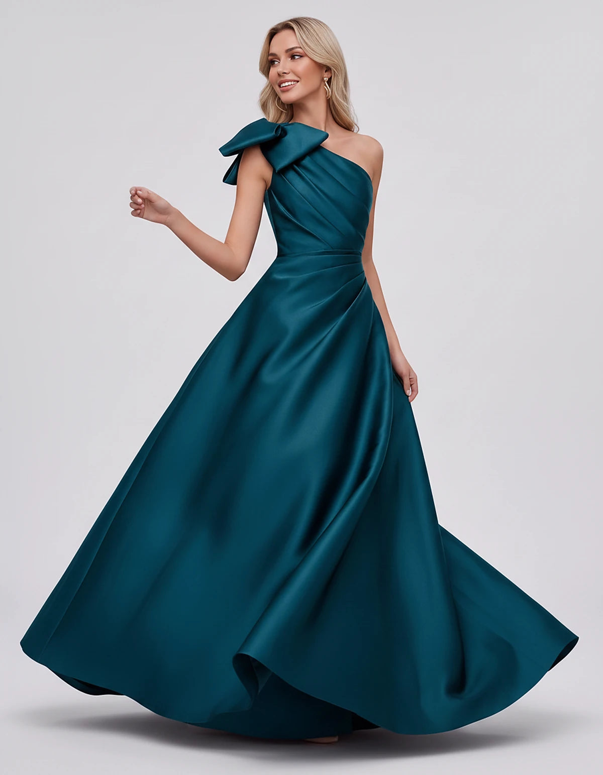 Satin Sleeveless One-Shoulder A-Line Maxi Dress with Bow for Prom, Party, Cocktail, Evening, Wedding Guest & Summer Events, f
