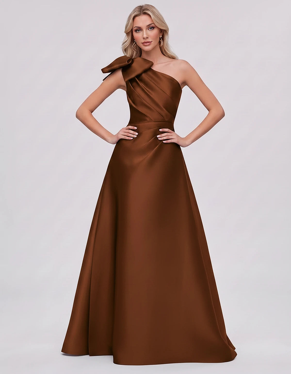 Satin Sleeveless One-Shoulder A-Line Maxi Dress with Bow for Prom, Party, Cocktail, Evening, Wedding Guest & Summer Events, f