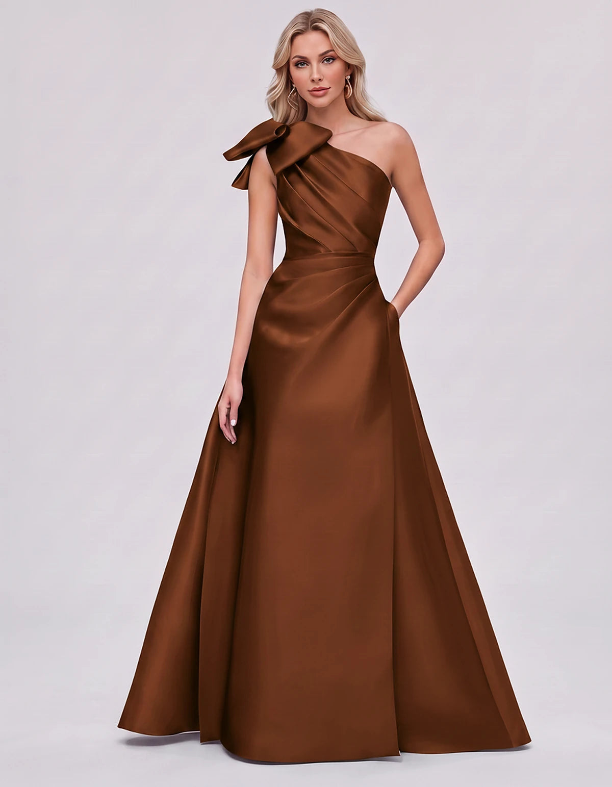 Satin Sleeveless One-Shoulder A-Line Maxi Dress with Bow for Prom, Party, Cocktail, Evening, Wedding Guest & Summer Events in