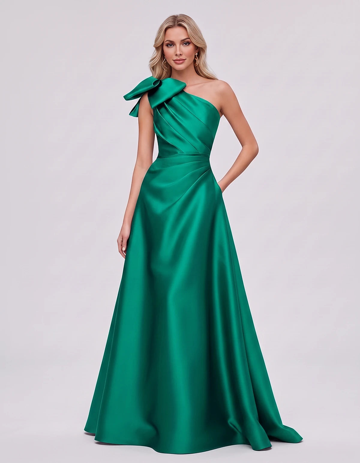 Satin Sleeveless One-Shoulder A-Line Maxi Dress with Bow for Prom, Party, Cocktail, Evening, Wedding Guest & Summer Events in